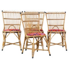 Set of 4 charming vintage 60s rattan boho chairs with colorful upholstered seats