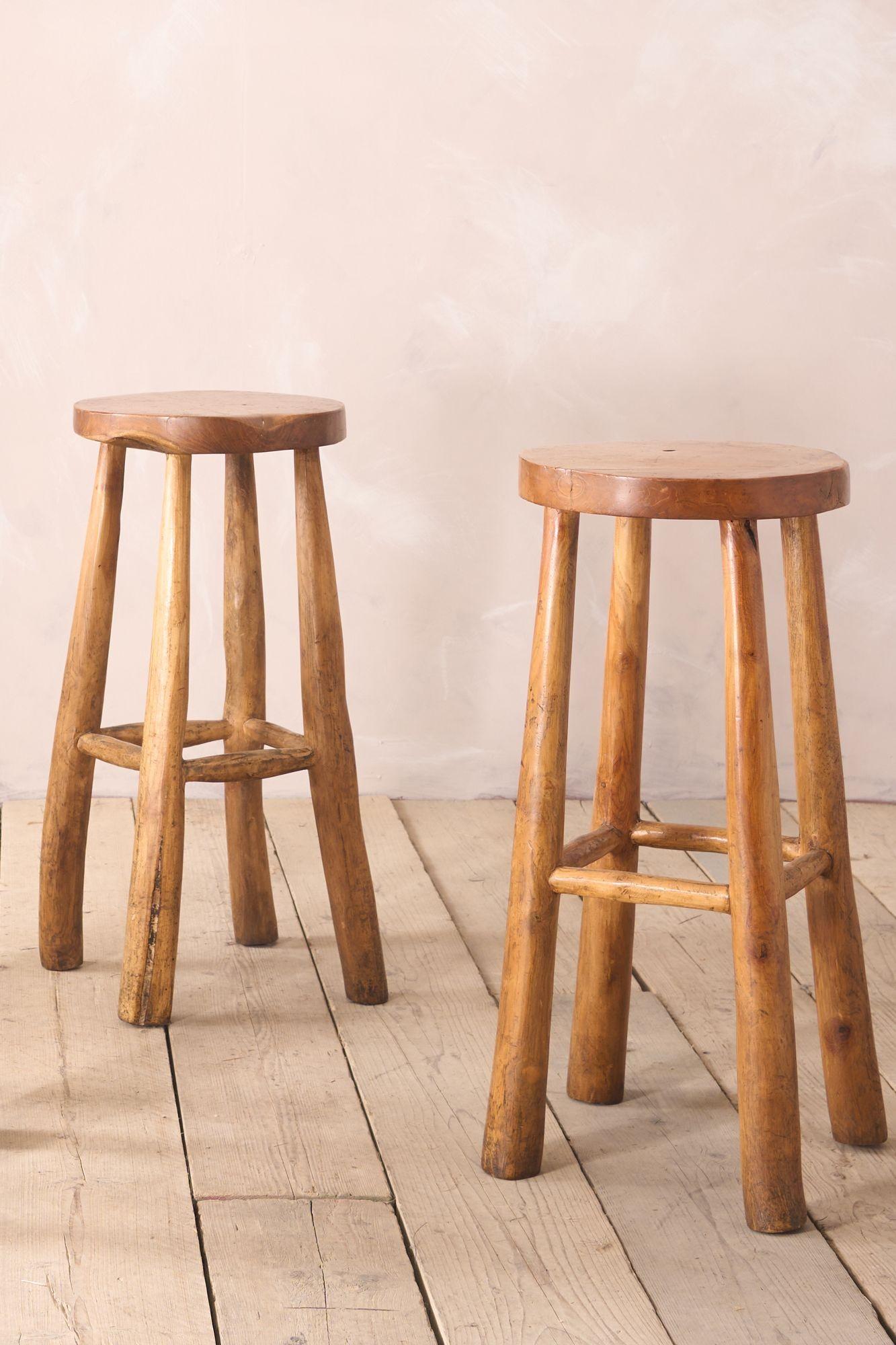 These are a great looking set of 4 Cherrywood bar stools. Most likely French in origin. The design is great with the irregular almost branch like legs. The tops have amazing patina and are tactile. The whole set is a stand out piece and are sure to