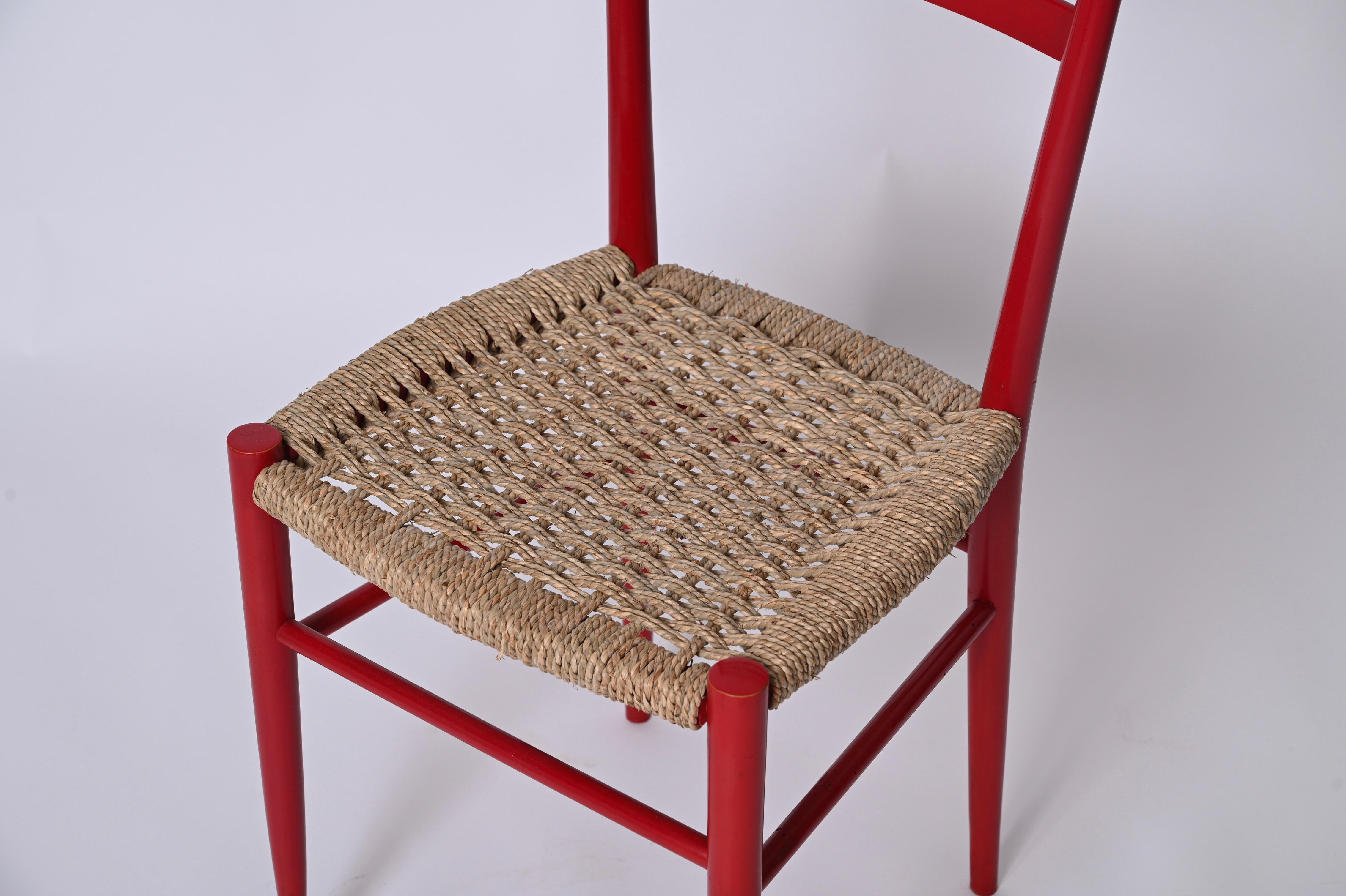 Set of 4 Chiavarine Chairs in Red Stained Beech and Bamboo Rope, Italy 1950s For Sale 3