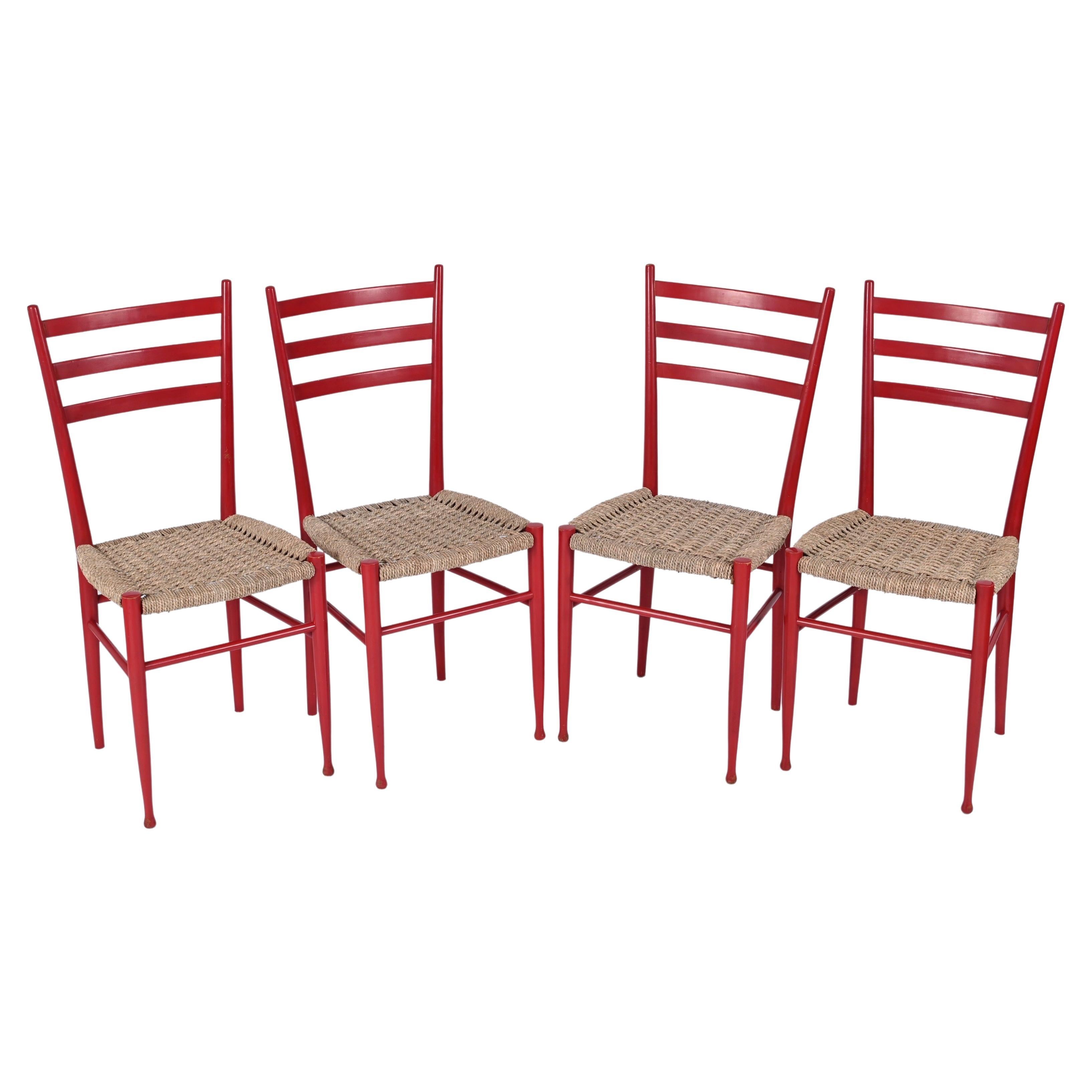 Set of 4 Chiavarine Chairs in Red Stained Beech and Bamboo Rope, Italy 1950s For Sale 8