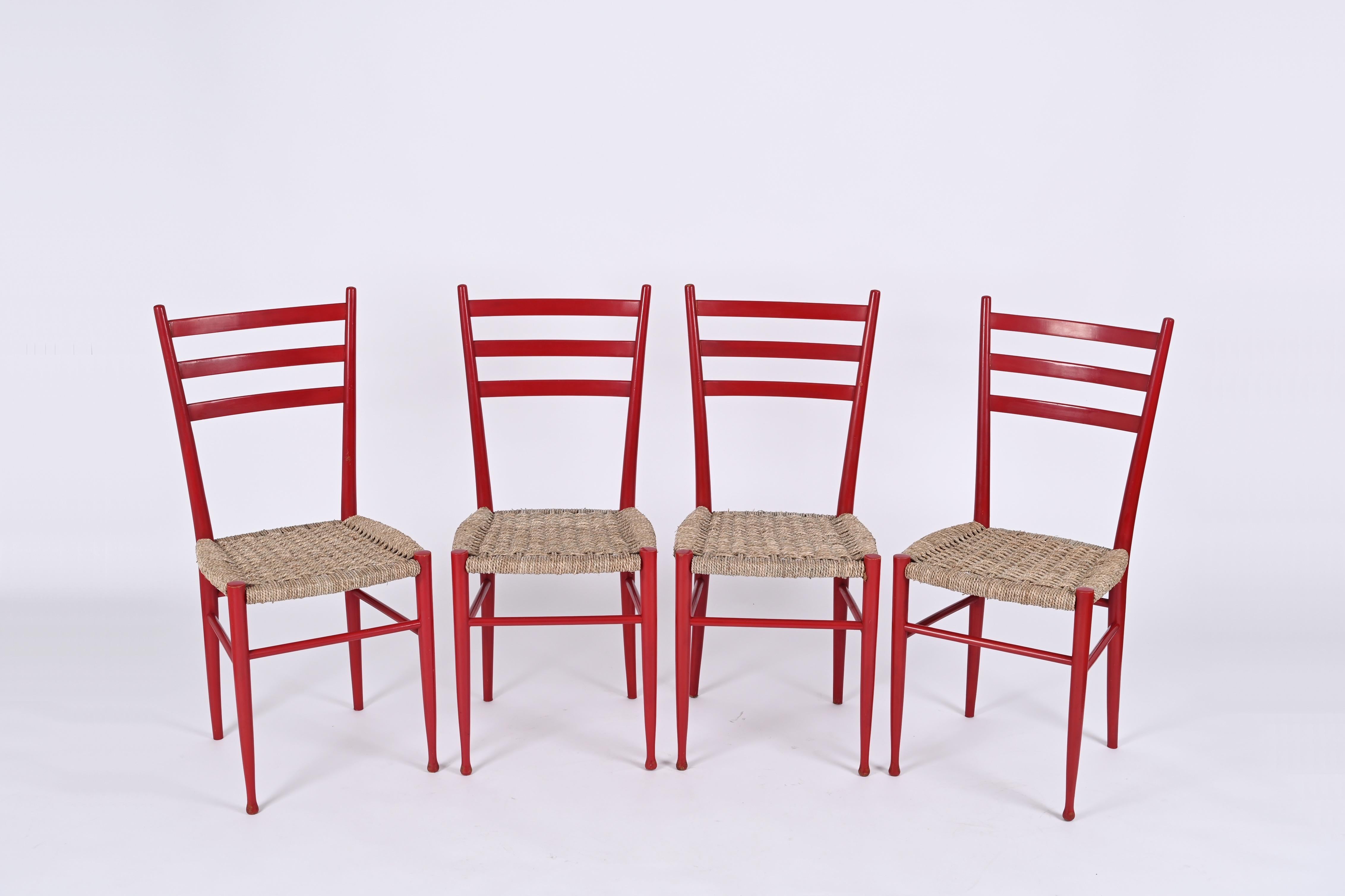 Set of 4 Chiavarine Chairs in Red Stained Beech and Bamboo Rope, Italy 1950s For Sale 9