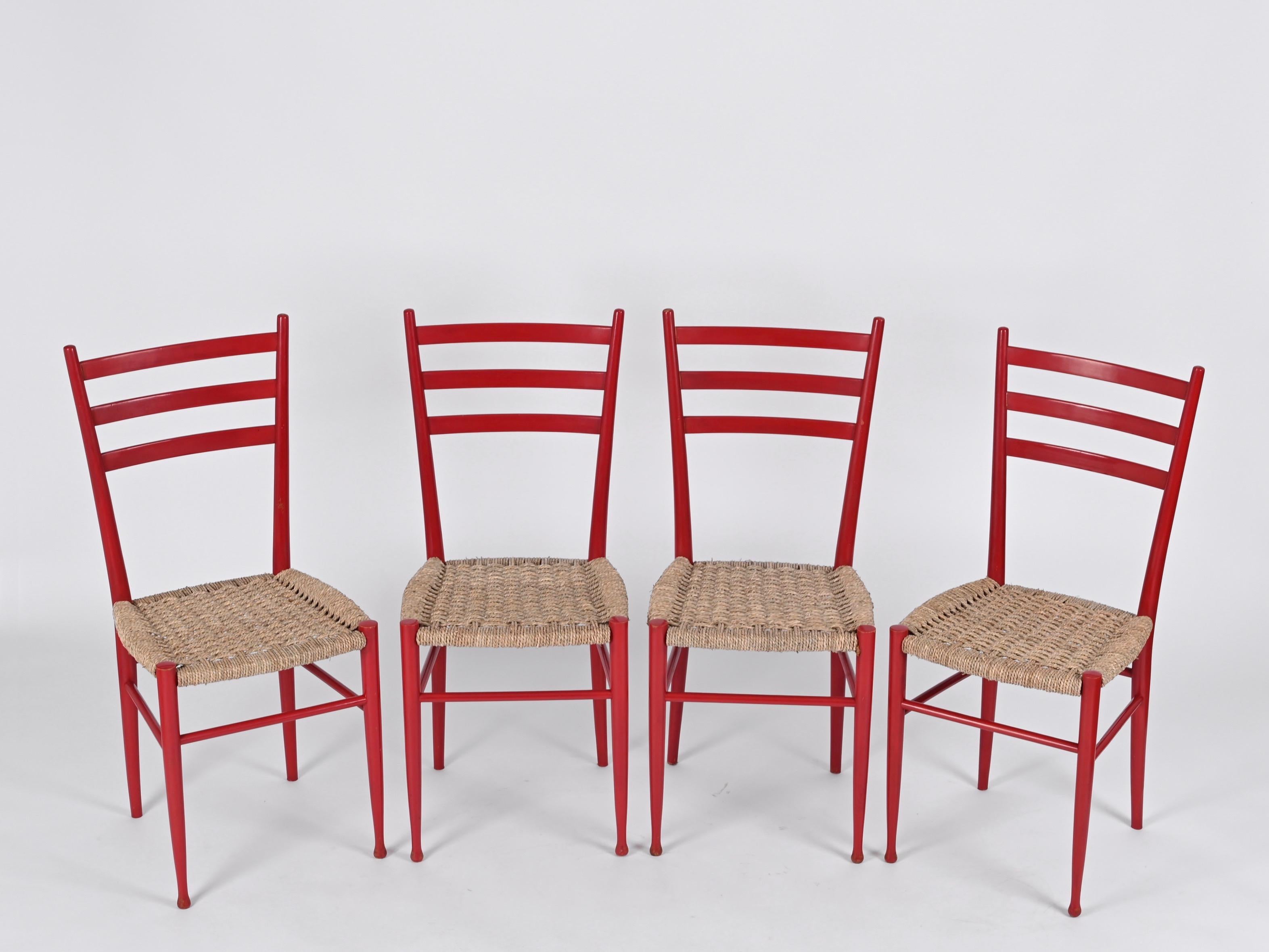 Set of 4 Chiavarine Chairs in Red Stained Beech and Bamboo Rope, Italy 1950s For Sale 10