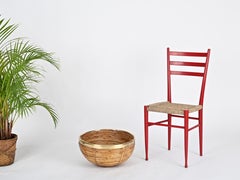 Set of 4 Chiavarine Chairs in Red Stained Beech and Bamboo Rope, Italy 1950s