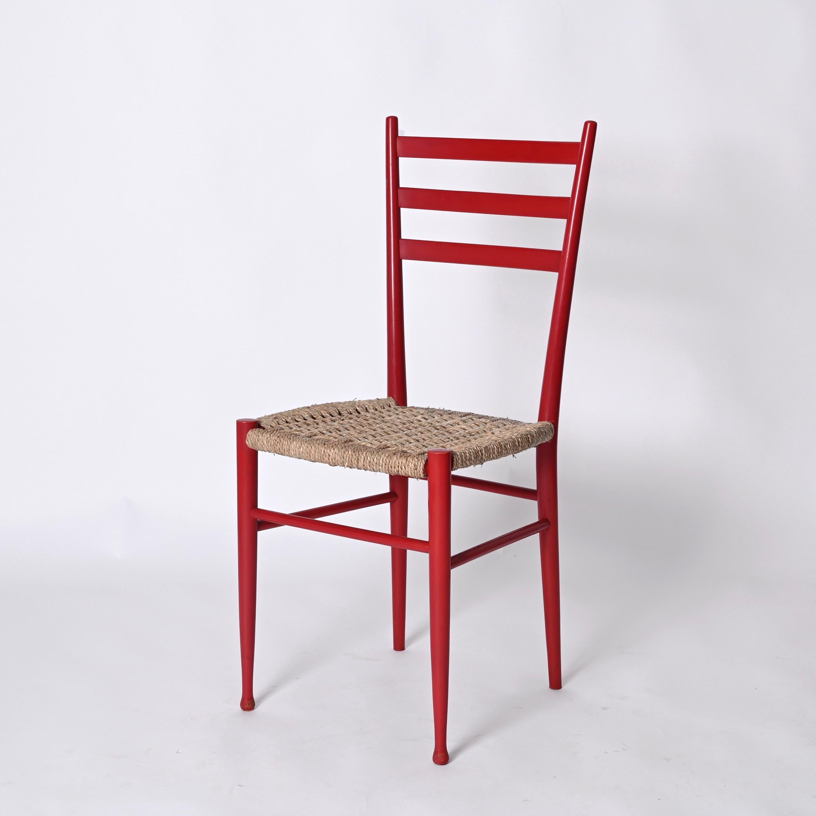 Mid-Century Modern Set of 4 Chiavarine Chairs in Red Stained Beech and Bamboo Rope, Italy 1950s For Sale