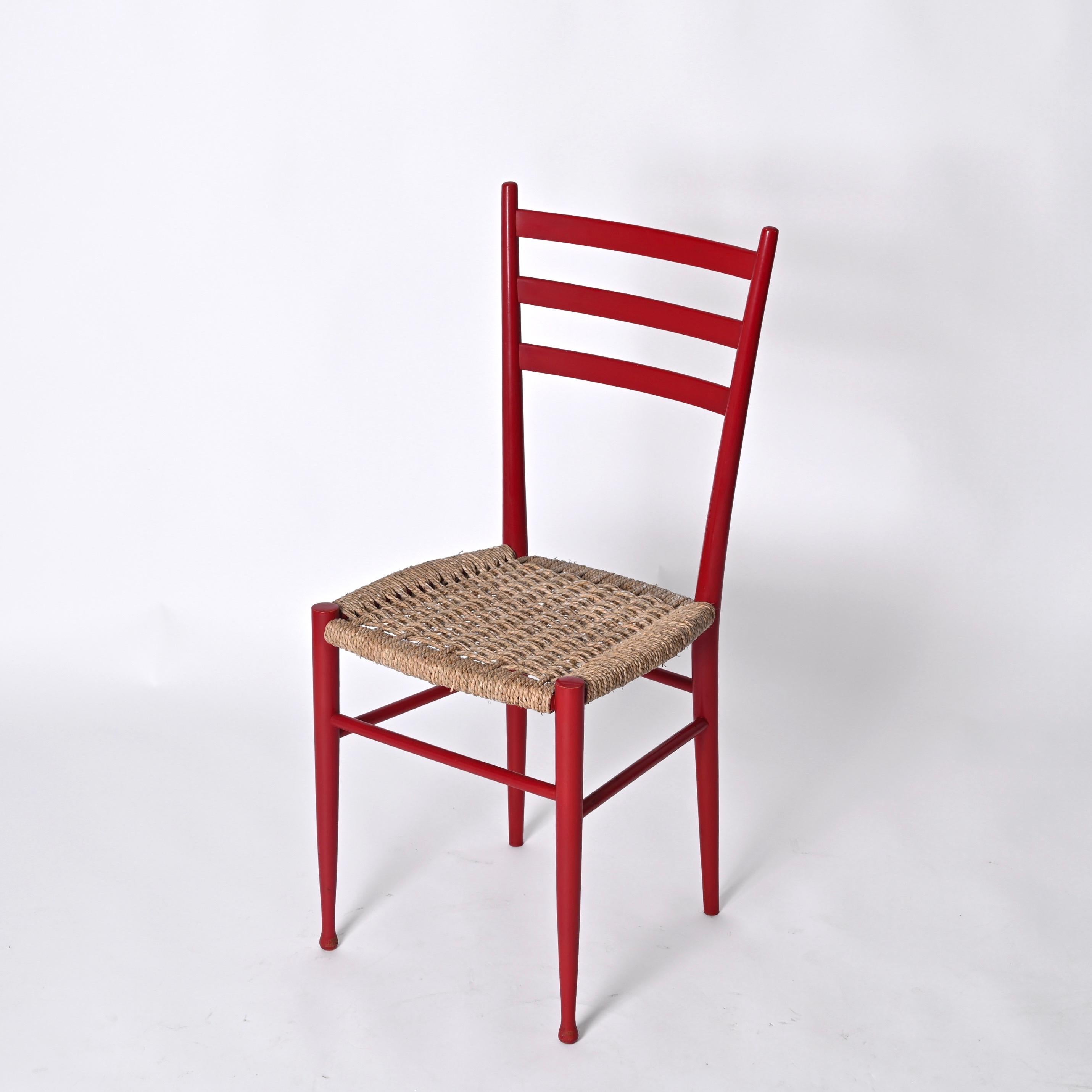 Italian Set of 4 Chiavarine Chairs in Red Stained Beech and Bamboo Rope, Italy 1950s For Sale