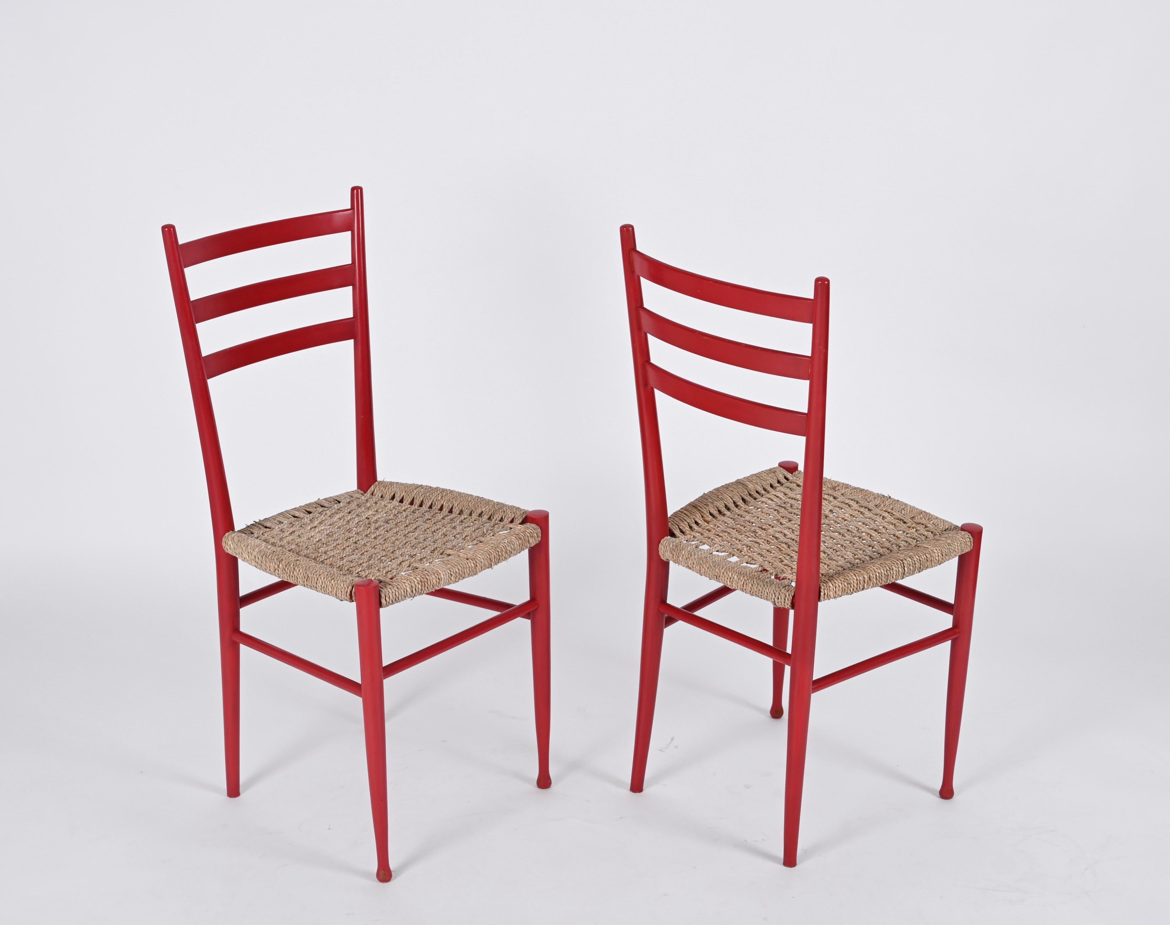 Mid-20th Century Set of 4 Chiavarine Chairs in Red Stained Beech and Bamboo Rope, Italy 1950s For Sale