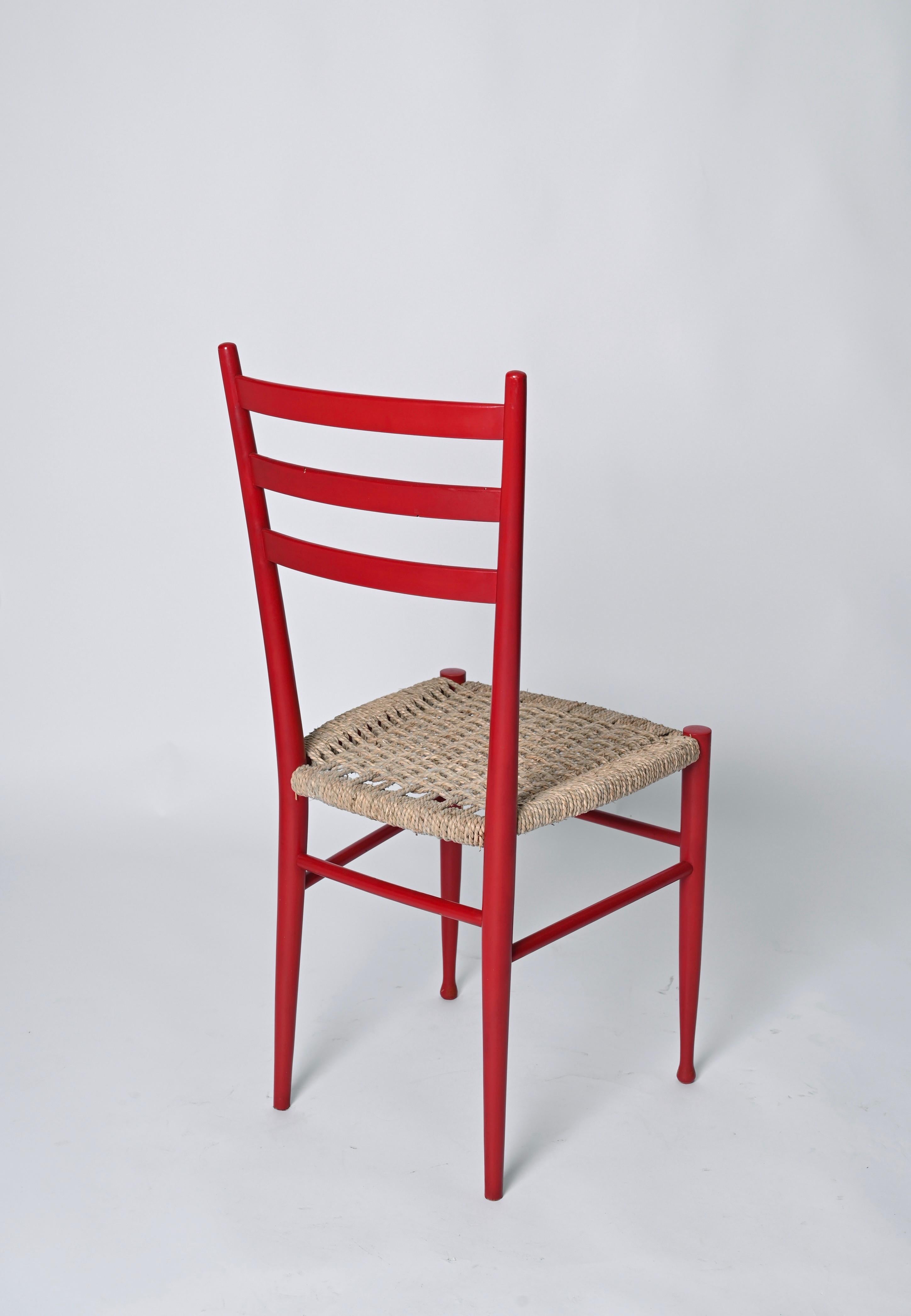 Wood Set of 4 Chiavarine Chairs in Red Stained Beech and Bamboo Rope, Italy 1950s For Sale