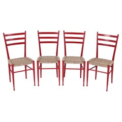 Set of 4 Chiavarine Chairs in Red Stained Beech and Bamboo Rope, Italy 1950s