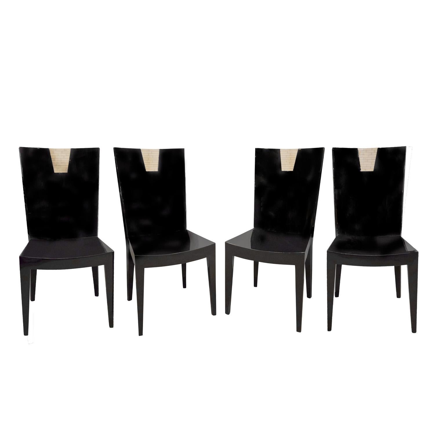 Set of 4 high back game/dining chairs in high gloss black lacquer with bone inlays at top in the style of Karl Springer, custom design, American 1980's. These chairs are modeled on Karl Springer’s JMF Chair, with its curved seat and back. The seat
