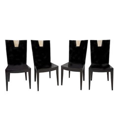 Set of 4 Chic Game/Dining Chairs in Black Lacquer with Bone Inlays 1980s