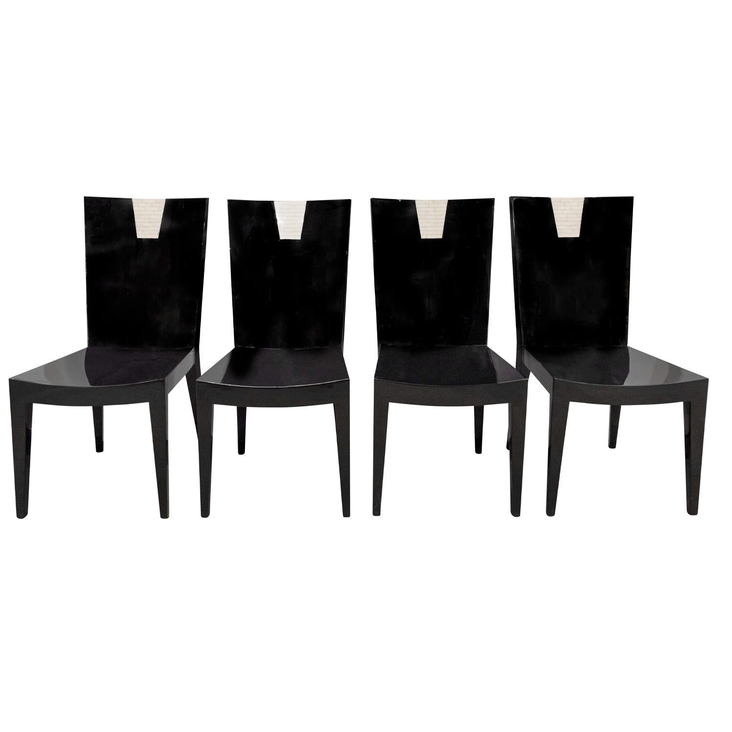 Modern Set of 4 Chic Game/Dining Chairs in Black Lacquer with Bone Inlays 1980s