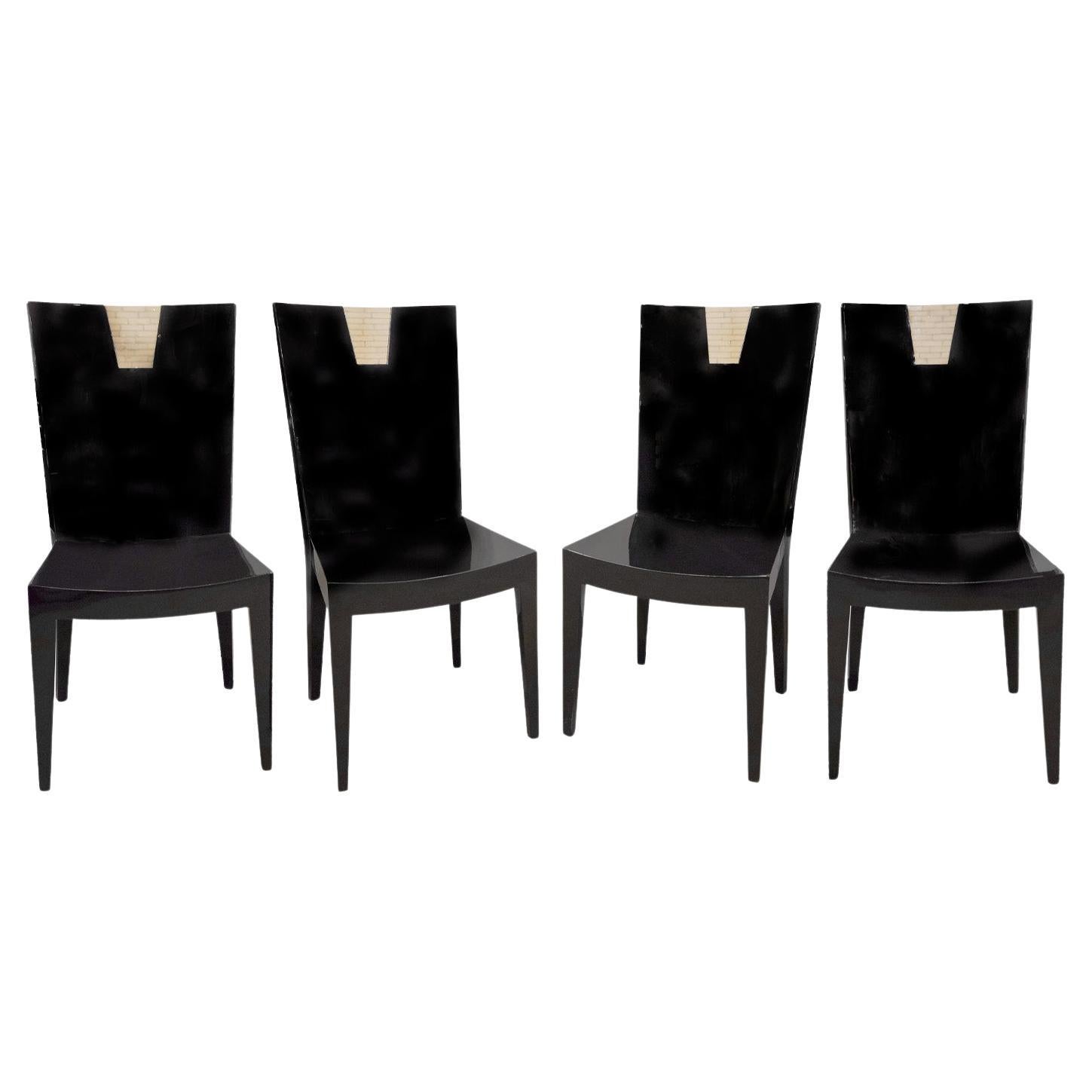 Set of 4 Chic Game/Dining Chairs in Black Lacquer with Bone Inlays 1980s