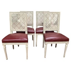 Set of 4 Chic Louis XVI Painted and Caned Dining Chairs with Leather Seats