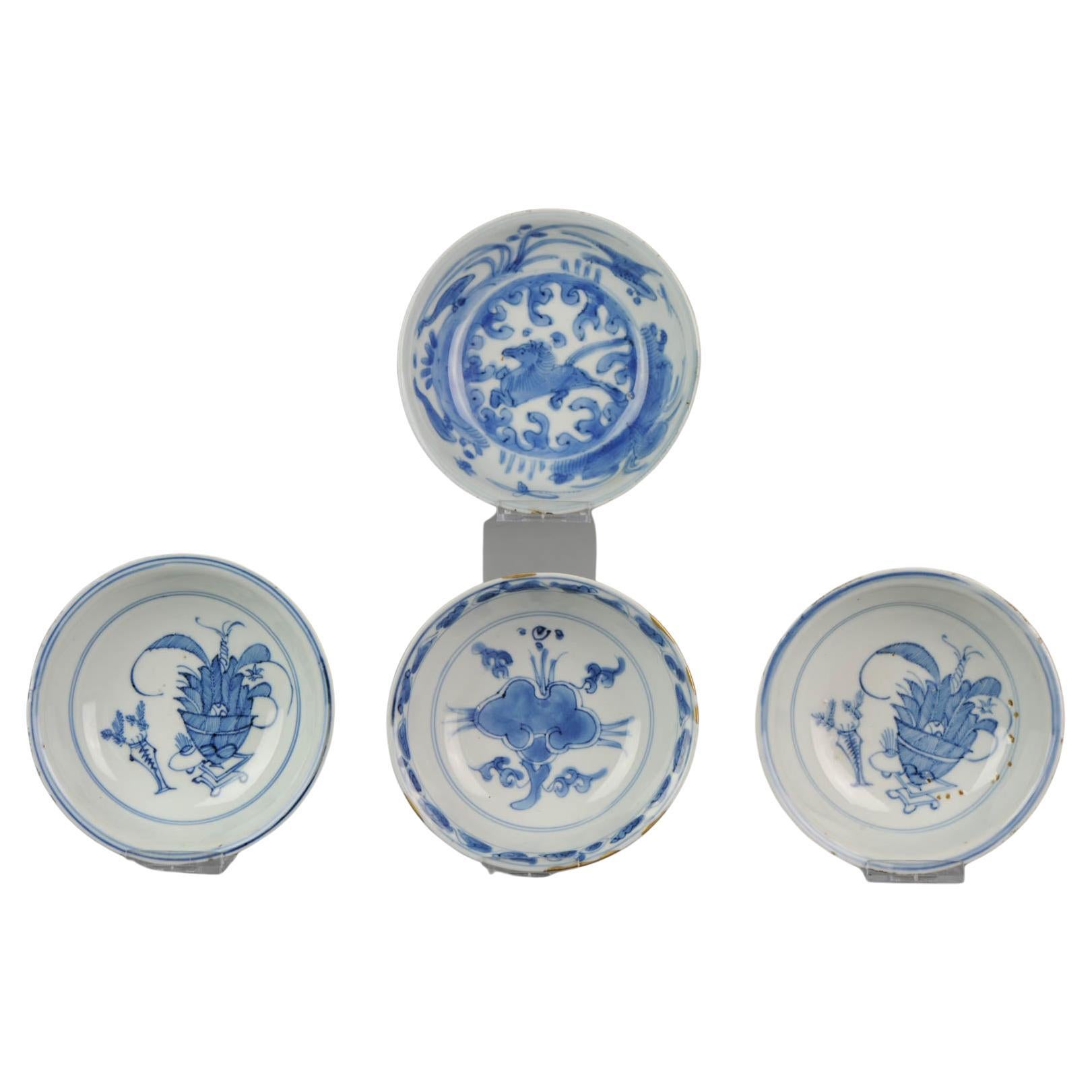 Set of 4 Chinese 16/17th Porcelain Ming China Bowls Horse & Valuables