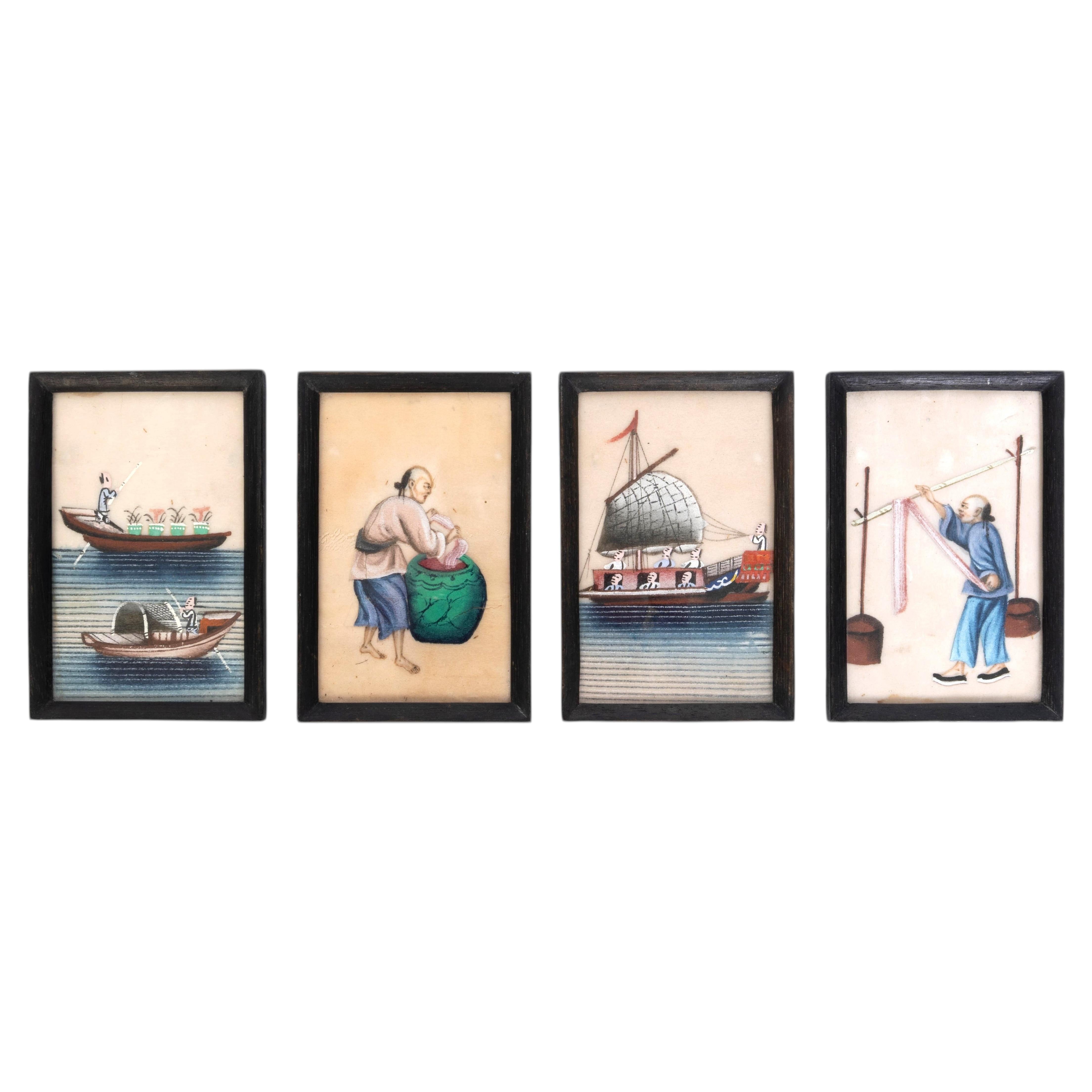 Set of 4 Chinese 19th Century Gouache Pith Paper Miniature Paintings C.1840