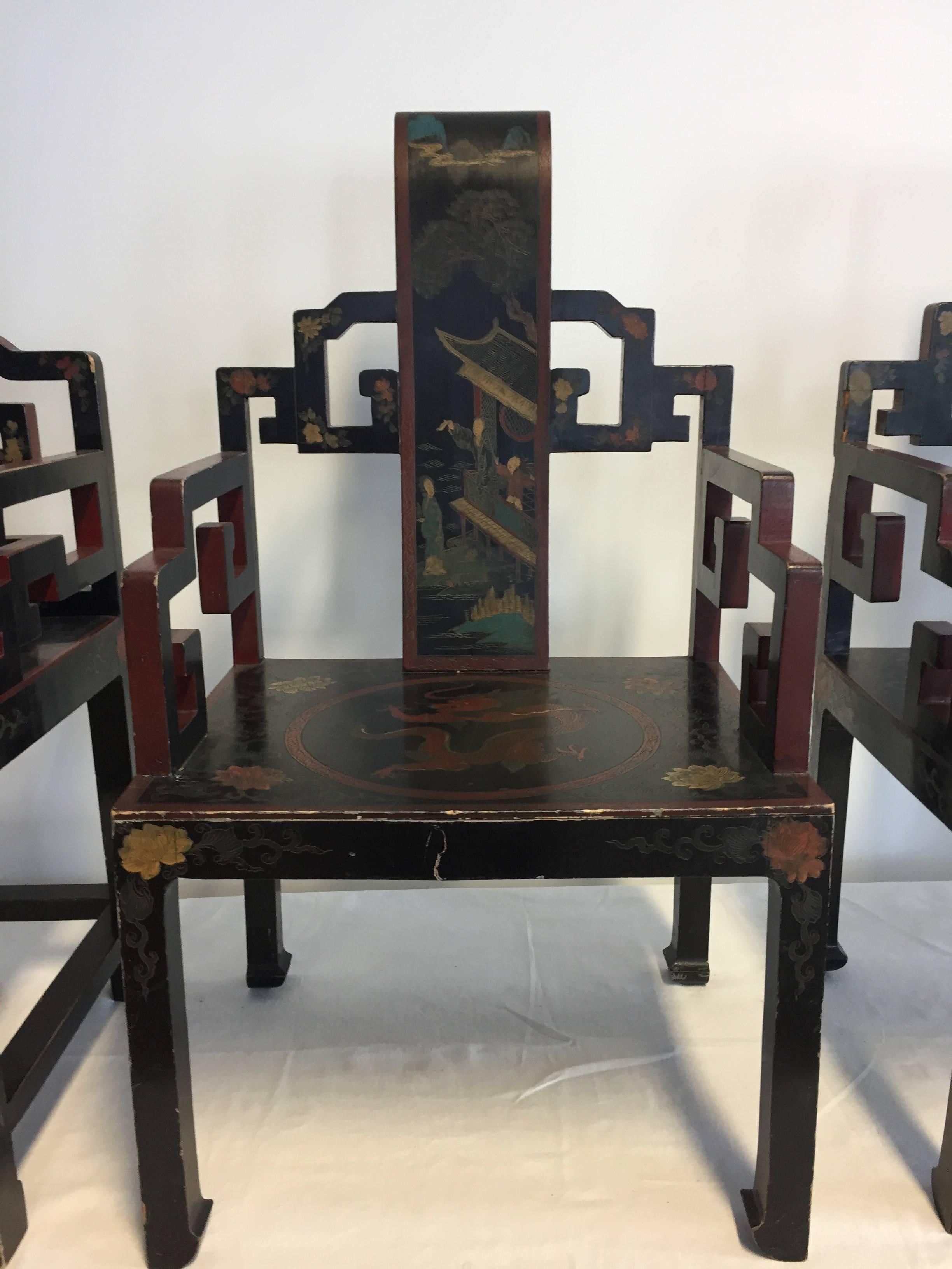 Unknown Chinese Art Deco Chairs Carved And Hand-Painted Set Of Four For Sale