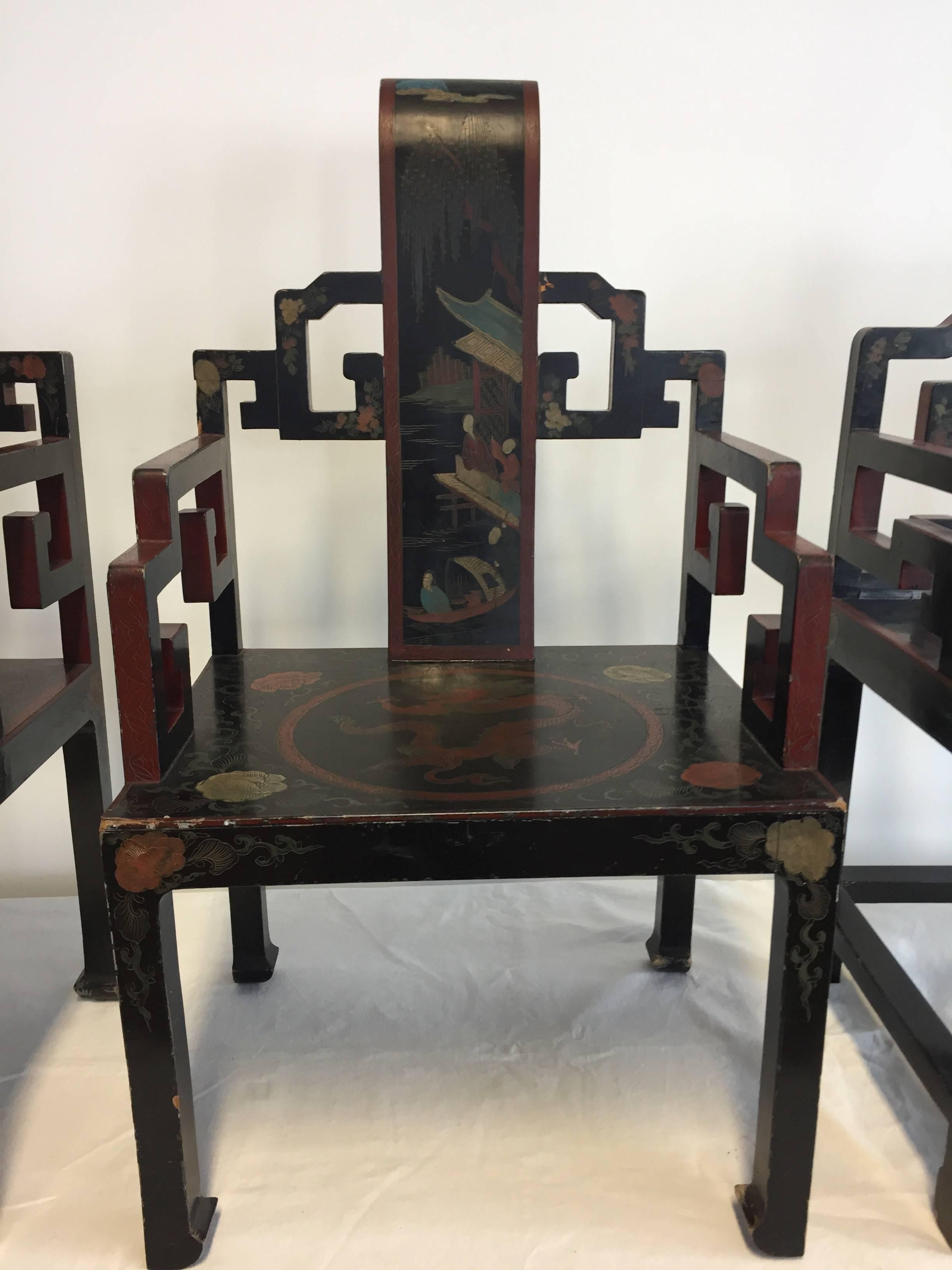 Chinese Art Deco Chairs Carved And Hand-Painted Set Of Four In Fair Condition For Sale In Hamburg, DE