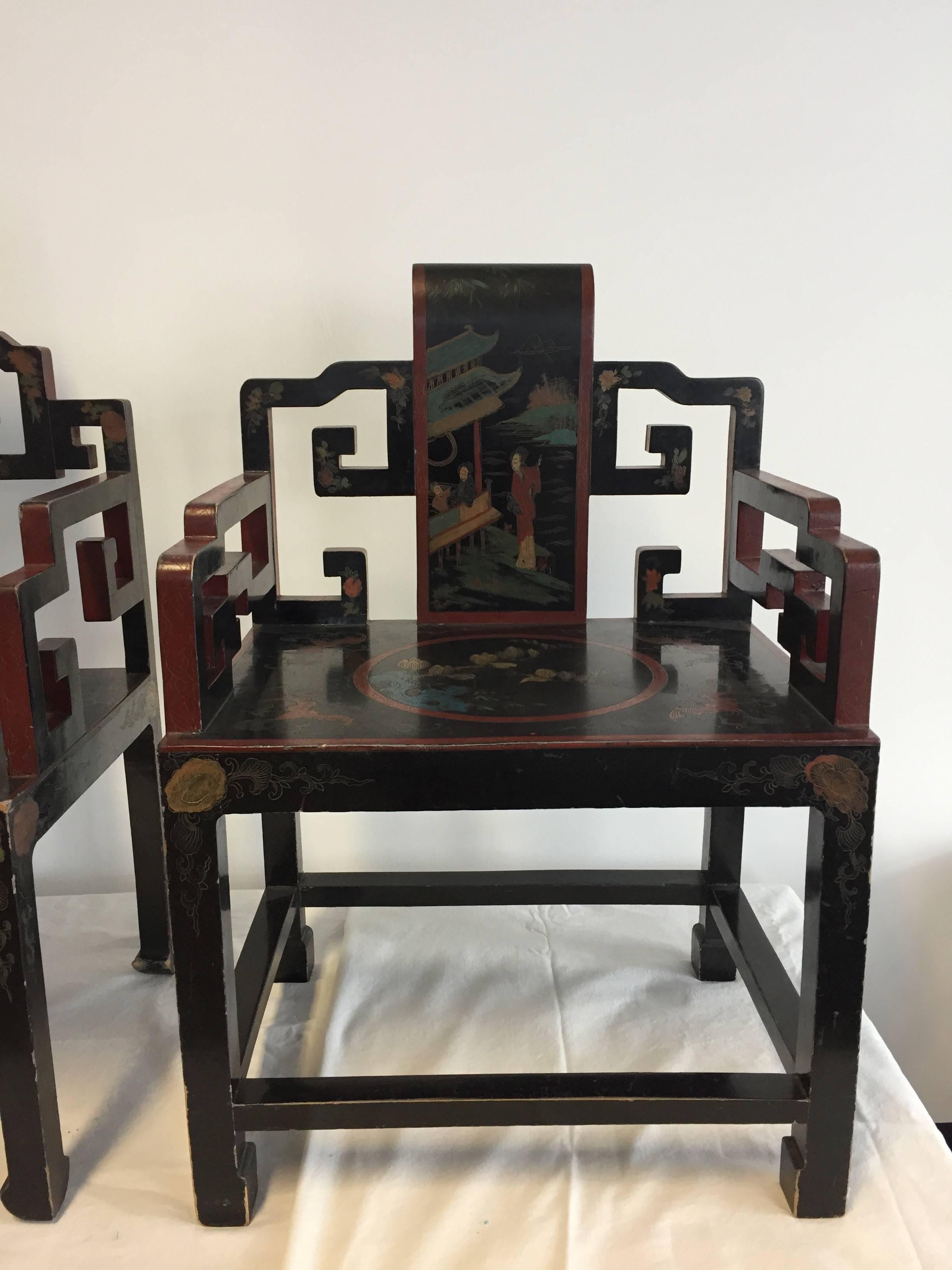 Early 20th Century Chinese Art Deco Chairs Carved And Hand-Painted Set Of Four For Sale