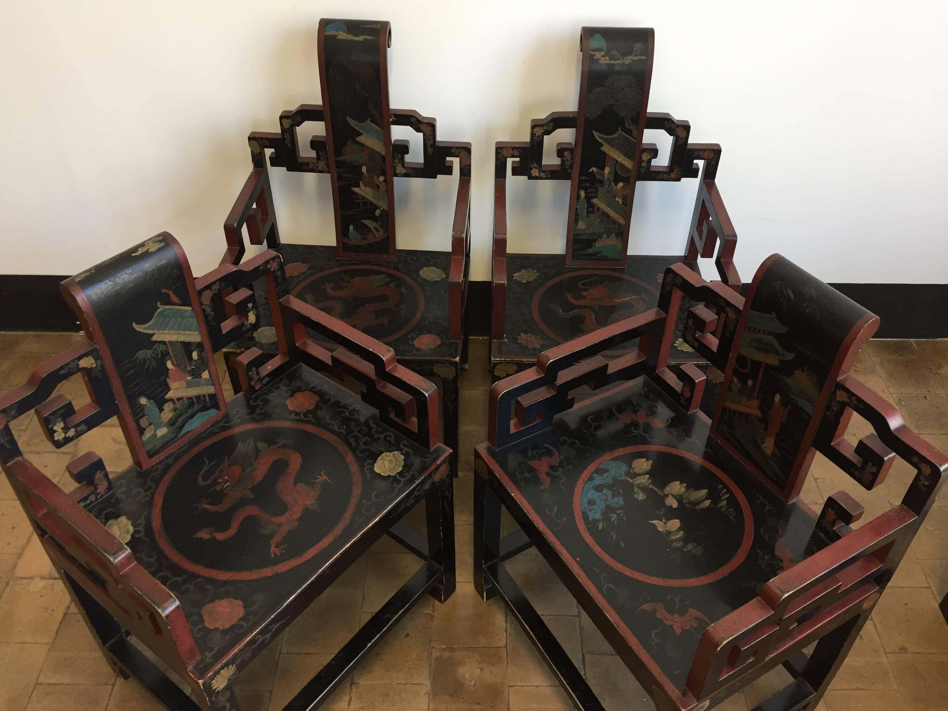 Four decorative chairs, each chair has a different motif, base color black, accent color Chinese red, turquoise, green, ivory, faded gold,
The chairs need a bit of restoration in order to have them in perfect condition, please get in touch for