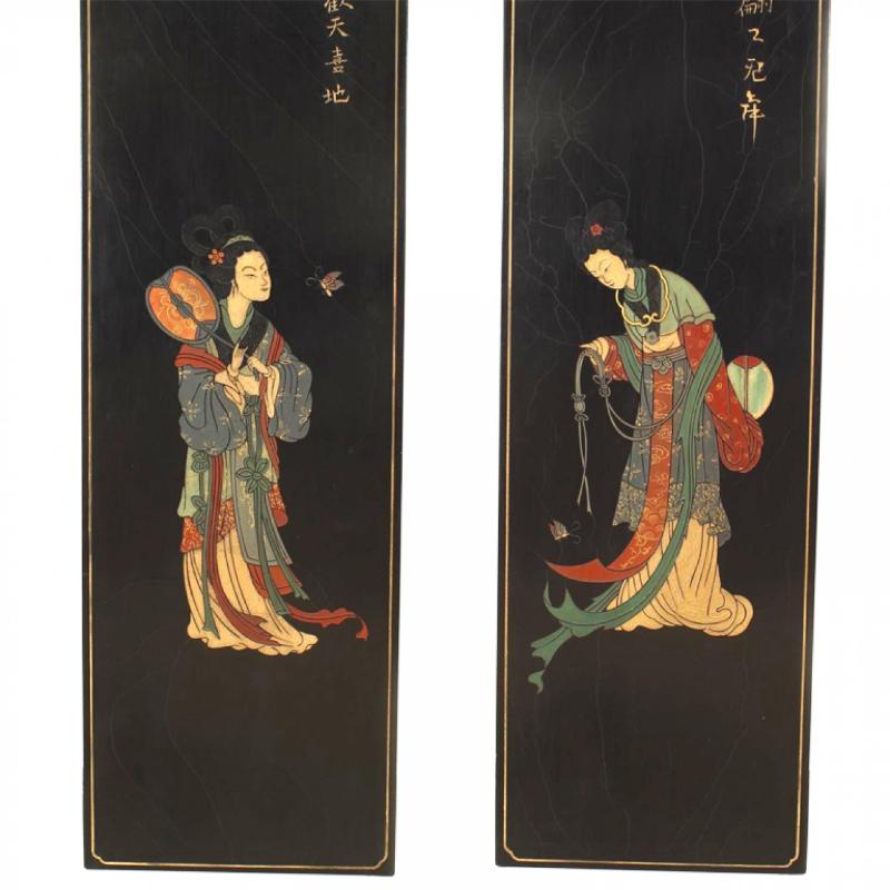 Set von 4 chinesischen Geisha-Raumteilerplatten aus schwarzem Lack (Radiert) im Angebot