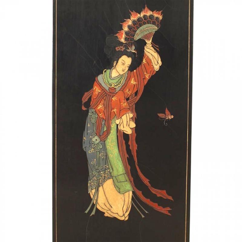 Set von 4 chinesischen Geisha-Raumteilerplatten aus schwarzem Lack (Chinesischer Export) im Angebot