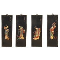 Juego de 4 biombos chinos de geisha lacados en negro