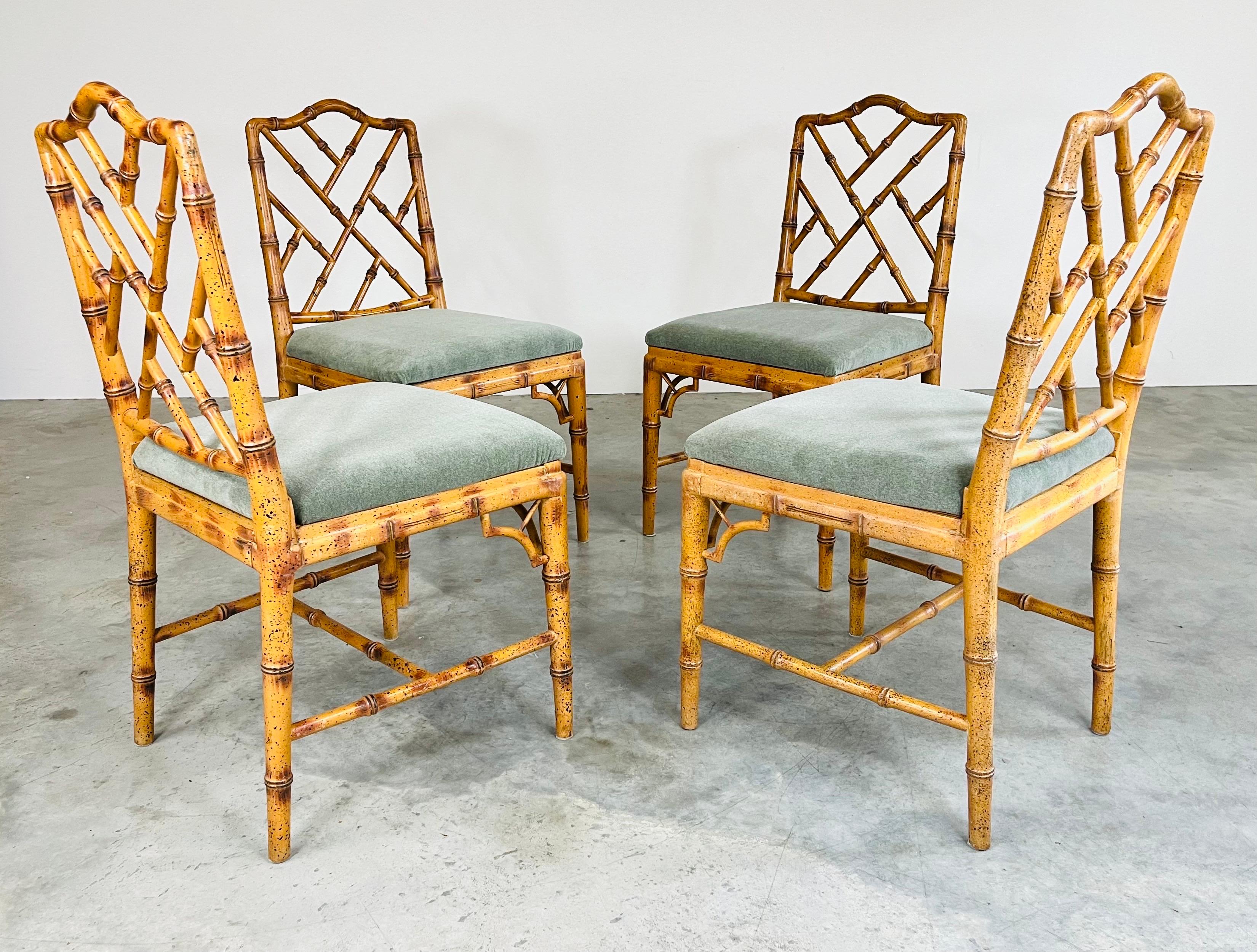 American Set Of 4 Chinese Chippendale Faux Bamboo Dining Or Occasional Side Chairs