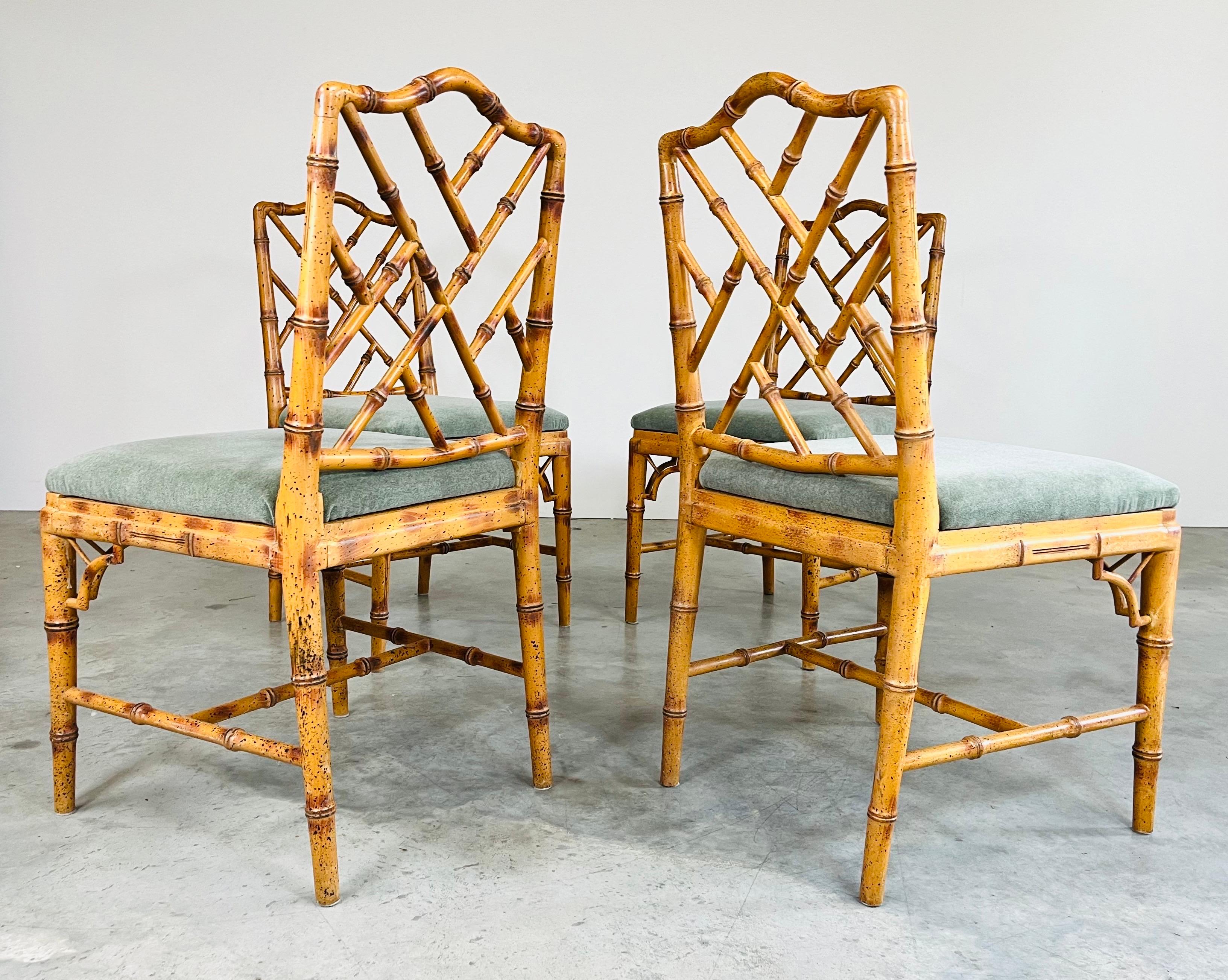 Hand-Carved Set Of 4 Chinese Chippendale Faux Bamboo Dining Or Occasional Side Chairs