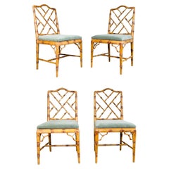 Set Of 4 Chinese Chippendale Faux Bamboo Dining Or Occasional Side Chairs