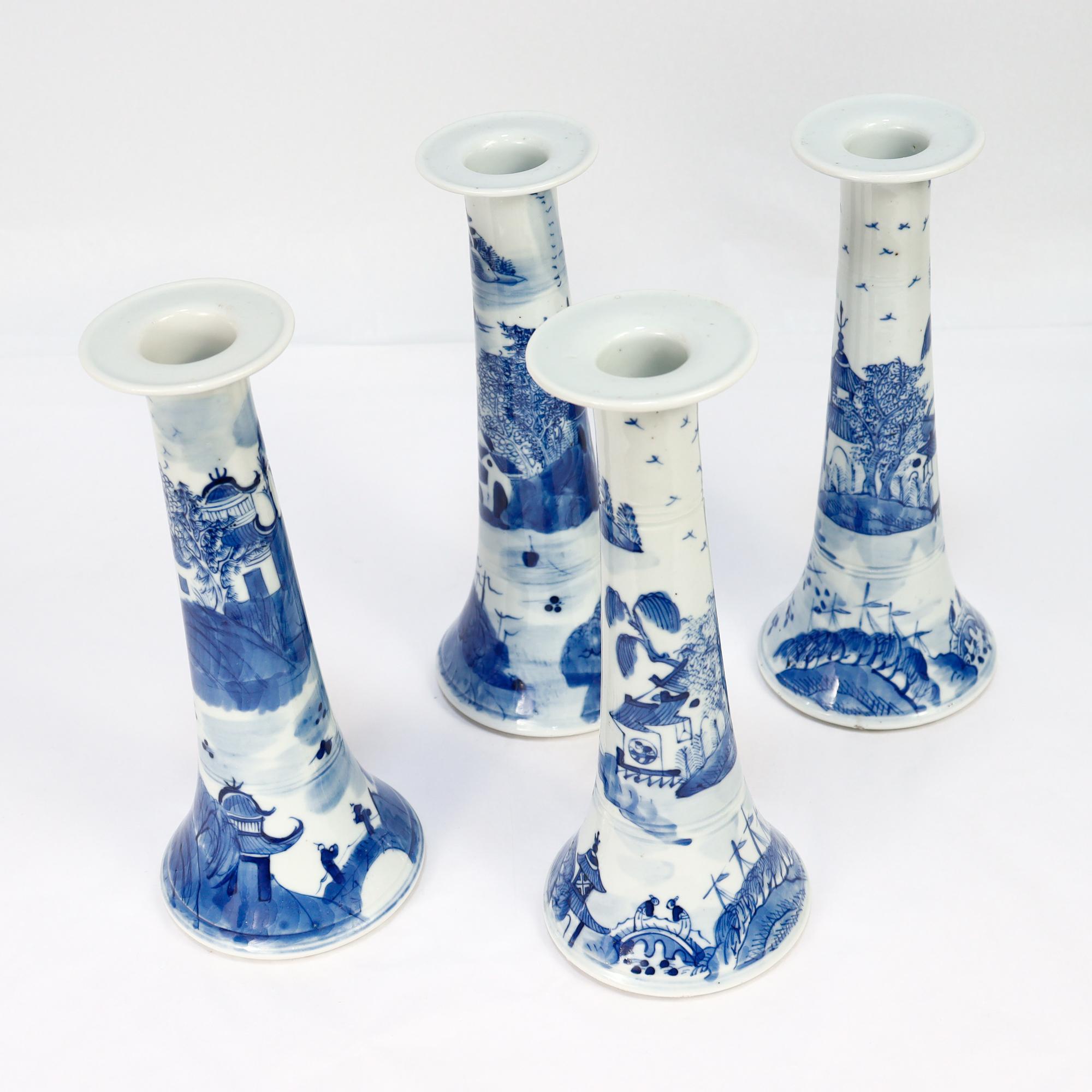 Set of 4 Chinese Export Blue & White Canton Porcelain Candlesticks In Good Condition For Sale In Philadelphia, PA