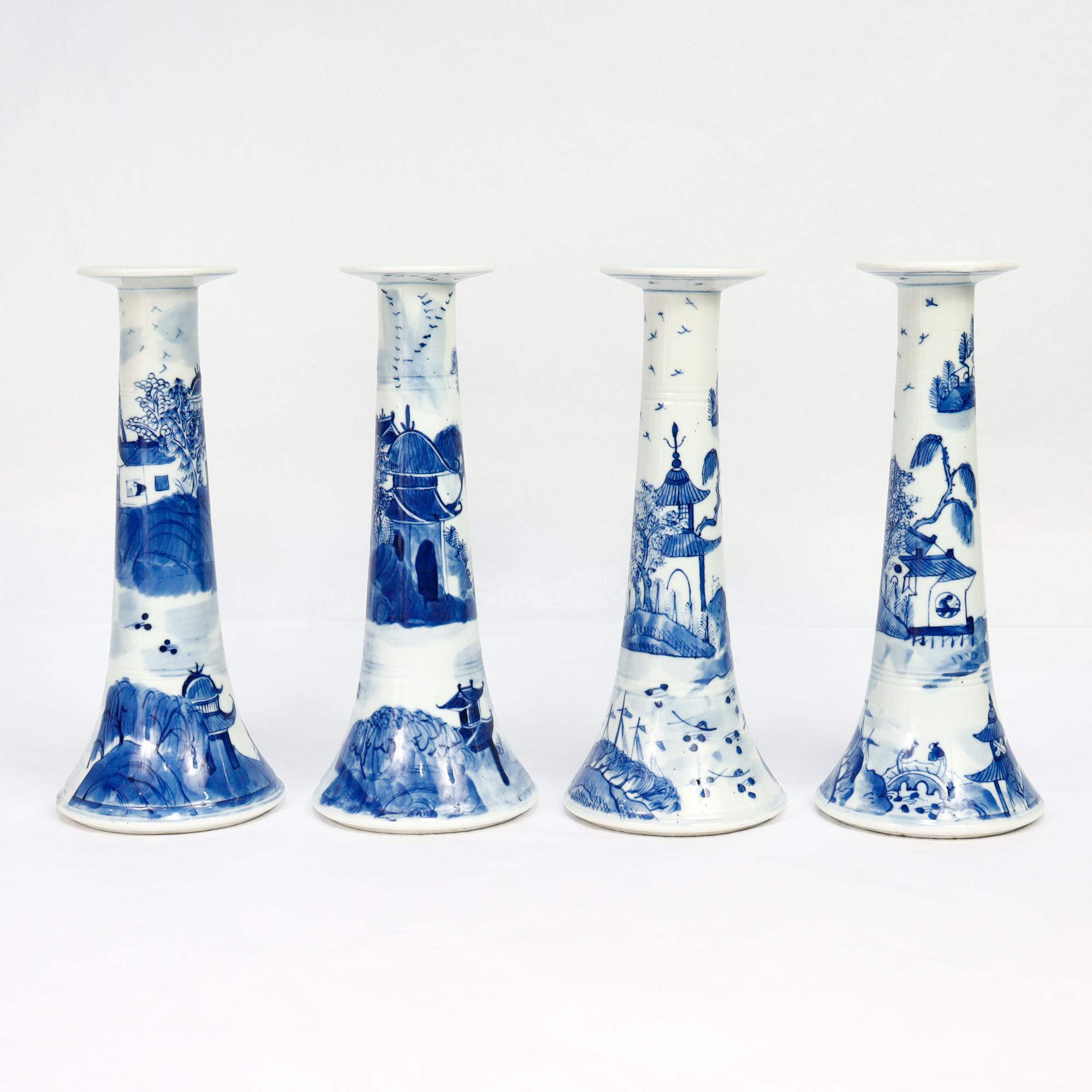19th Century Set of 4 Chinese Export Blue & White Canton Porcelain Candlesticks For Sale