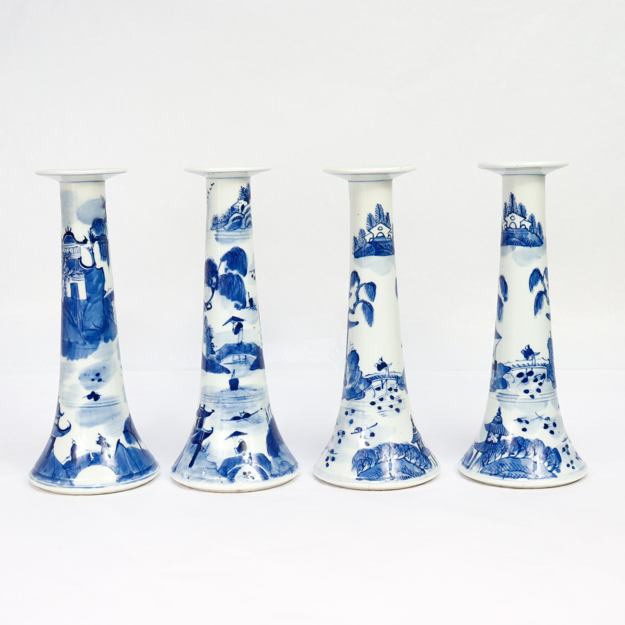 Set of 4 Chinese Export Blue & White Canton Porcelain Candlesticks For Sale 1