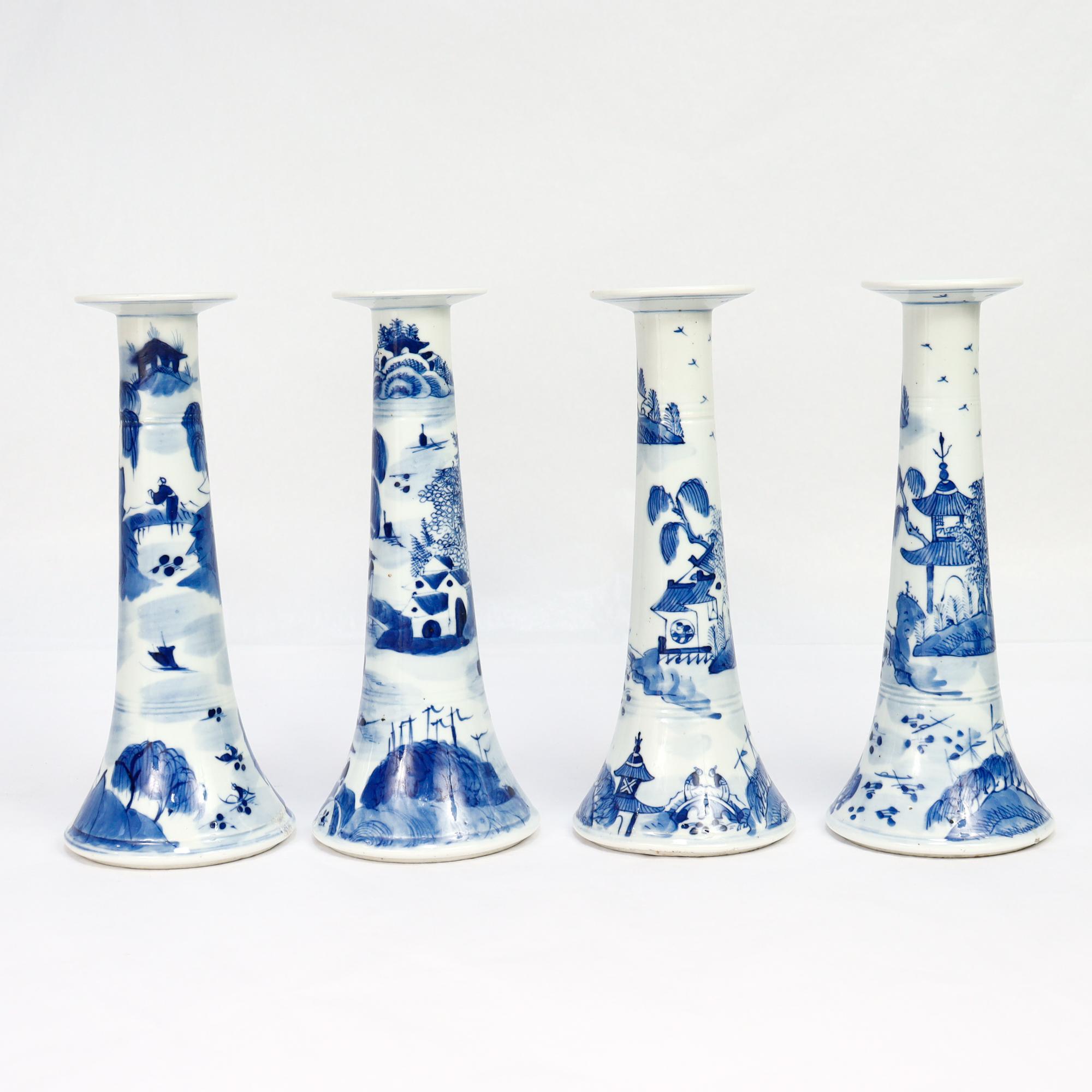 Set of 4 Chinese Export Blue & White Canton Porcelain Candlesticks For Sale 2