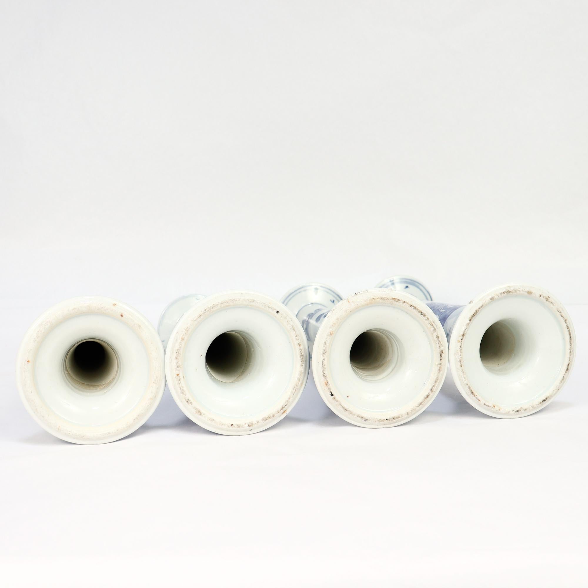 Set of 4 Chinese Export Blue & White Canton Porcelain Candlesticks For Sale 3