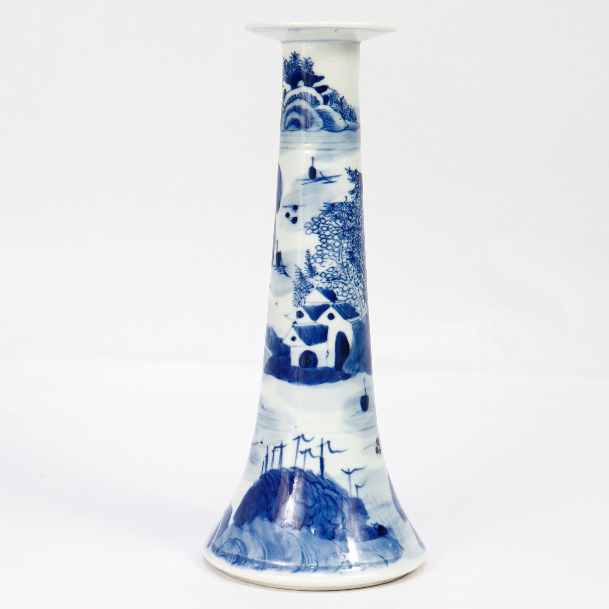 Set of 4 Chinese Export Blue & White Canton Porcelain Candlesticks For Sale 4