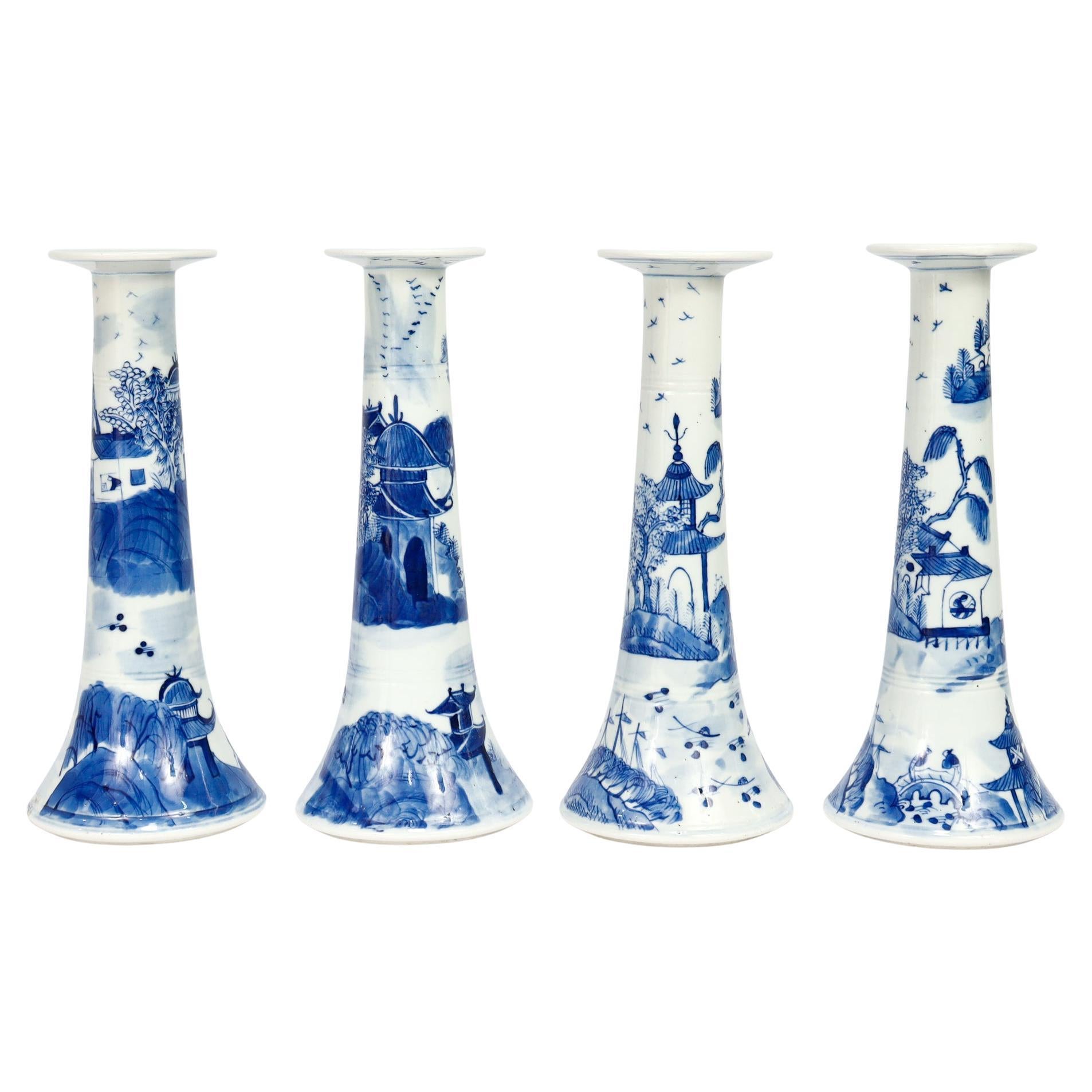 Set of 4 Chinese Export Blue 
White Canton Porcelain Candlesticks For Sale