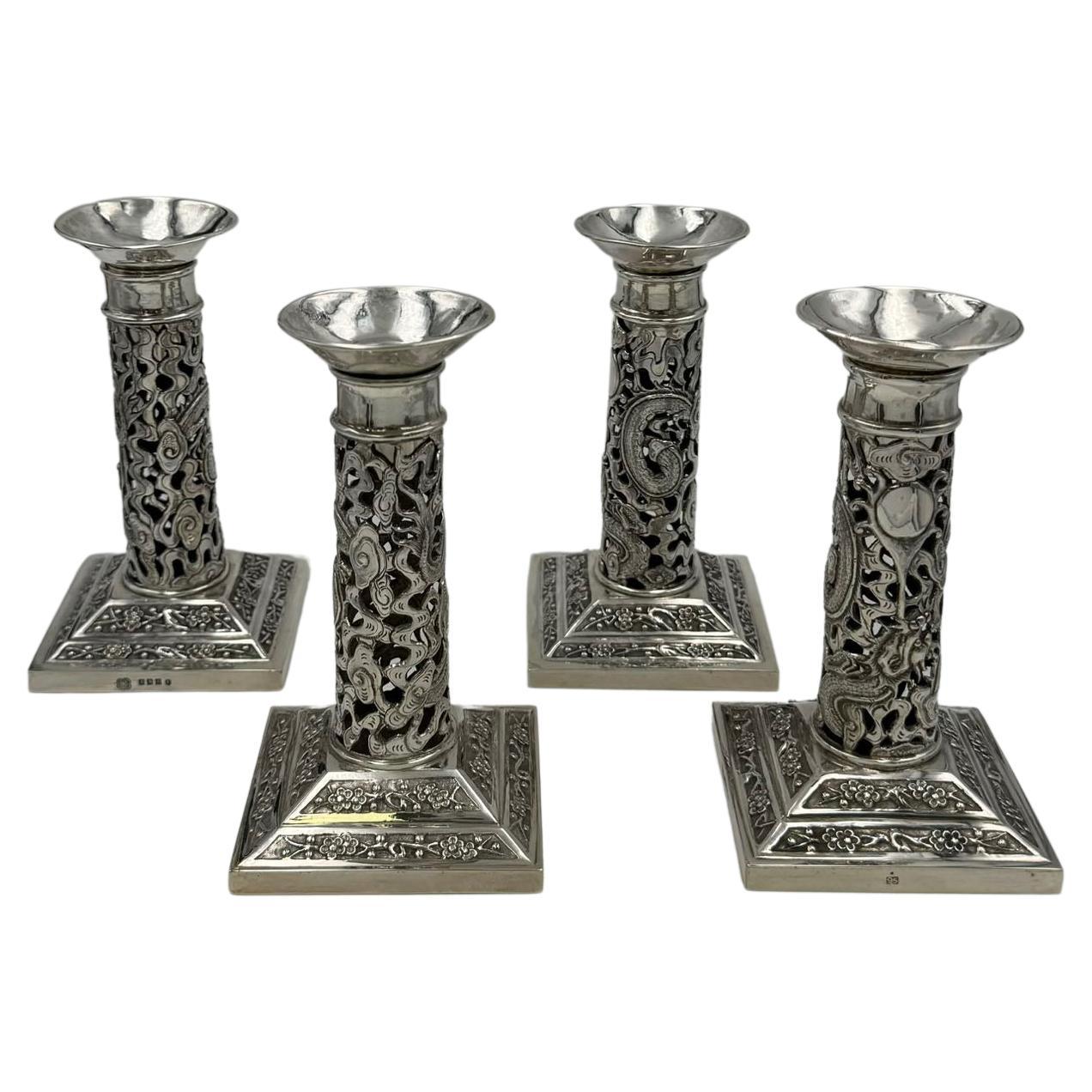 Set of 4 Chinese Export Silver Candlesticks For Sale