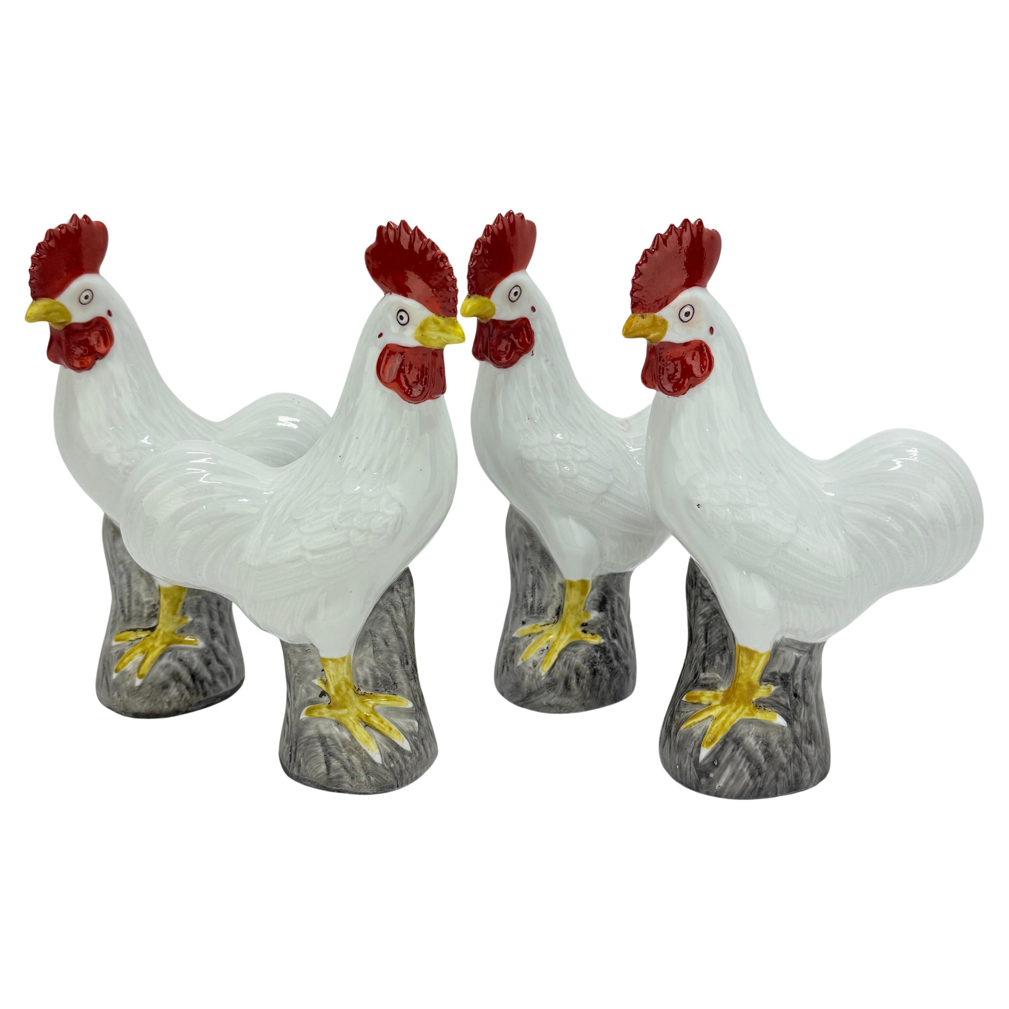 Set of 4, Chinese Export Style Porcelain Rooster Figures, Mid-20th C For Sale