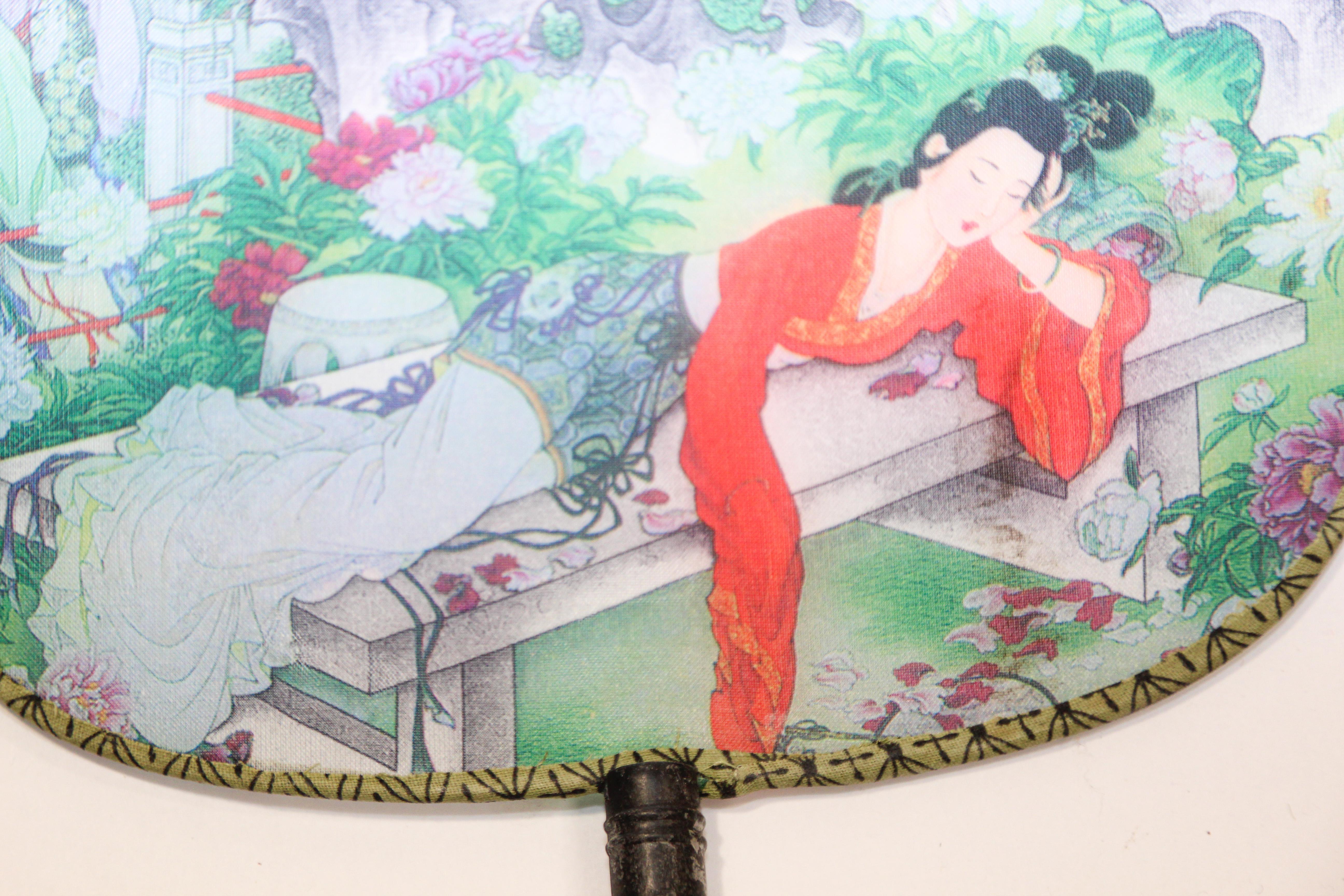 Set of 4 Chinese Silk Round Paddle Hand Fans with Geishas Woman Painting 1