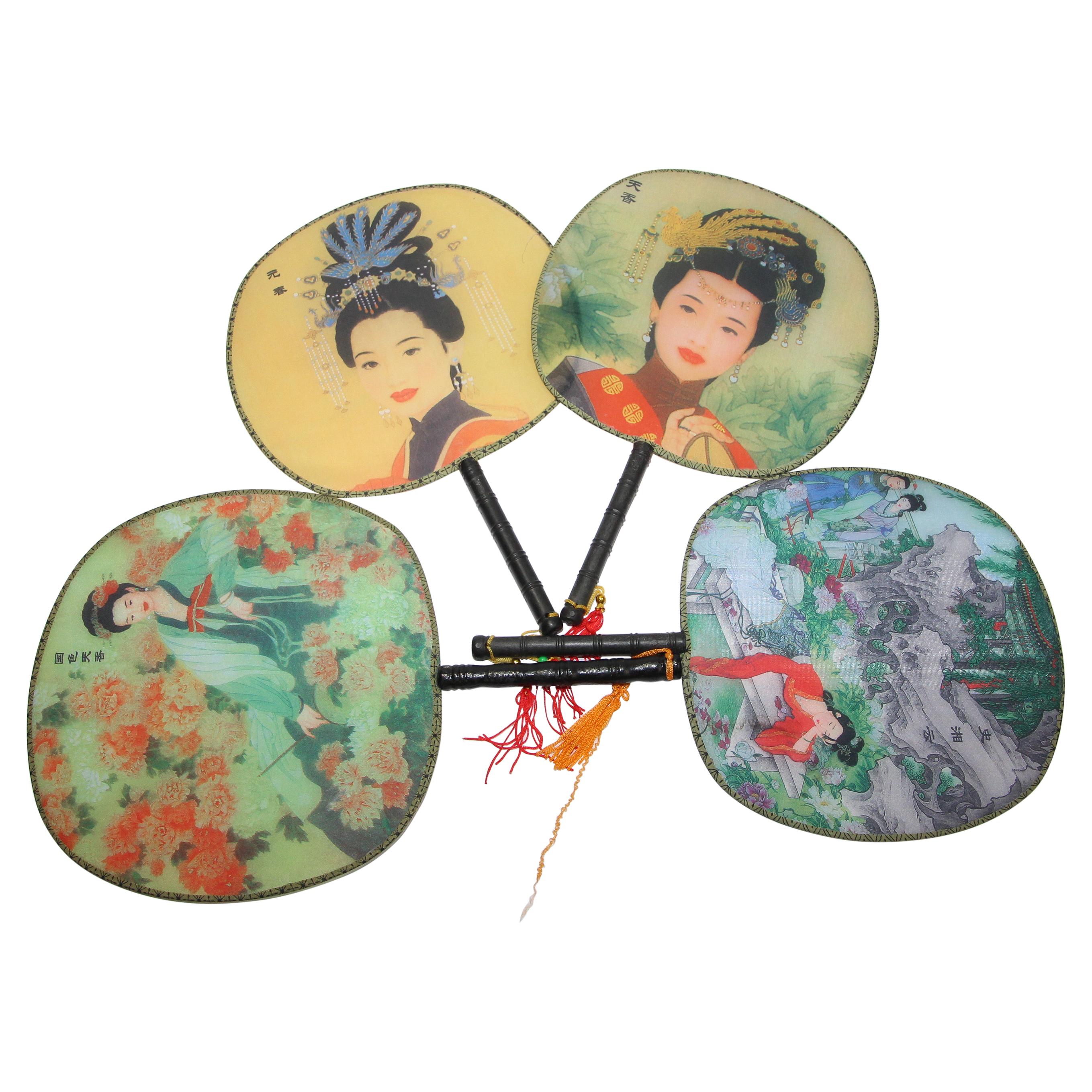 Set of 4 Chinese Silk Round Paddle Hand Fans with Geishas Woman Painting