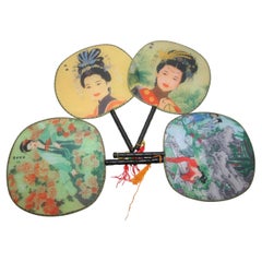 Set of 4 Chinese Silk Round Paddle Hand Fans with Geishas Woman Painting