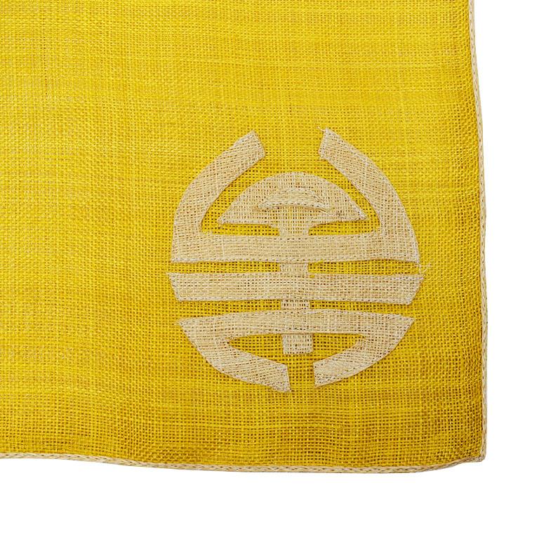 Vintage set of four hemp placemats with Chinese symbol at the bottom right. (We believe it to say “Double Happiness”, however we have not confirmed this.) Woven from sustainable hemp in the Philippines, and dyed in a rich bright yellow, this