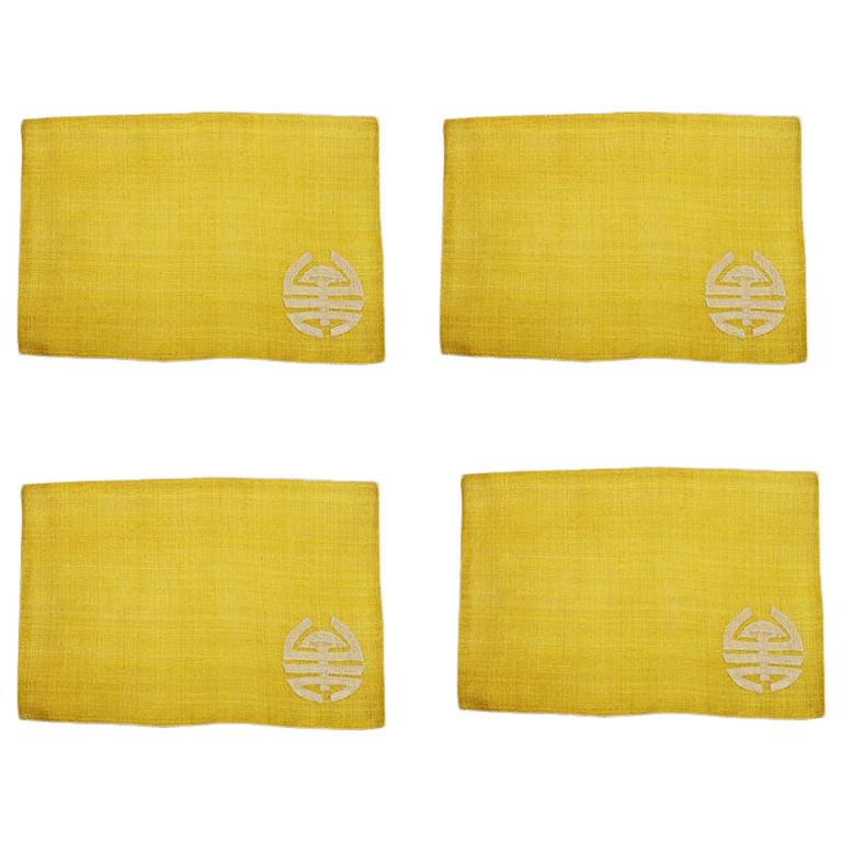 Set of 4 Chinoiserie Yellow Hemp Placemats with Double Happiness, Philippines For Sale