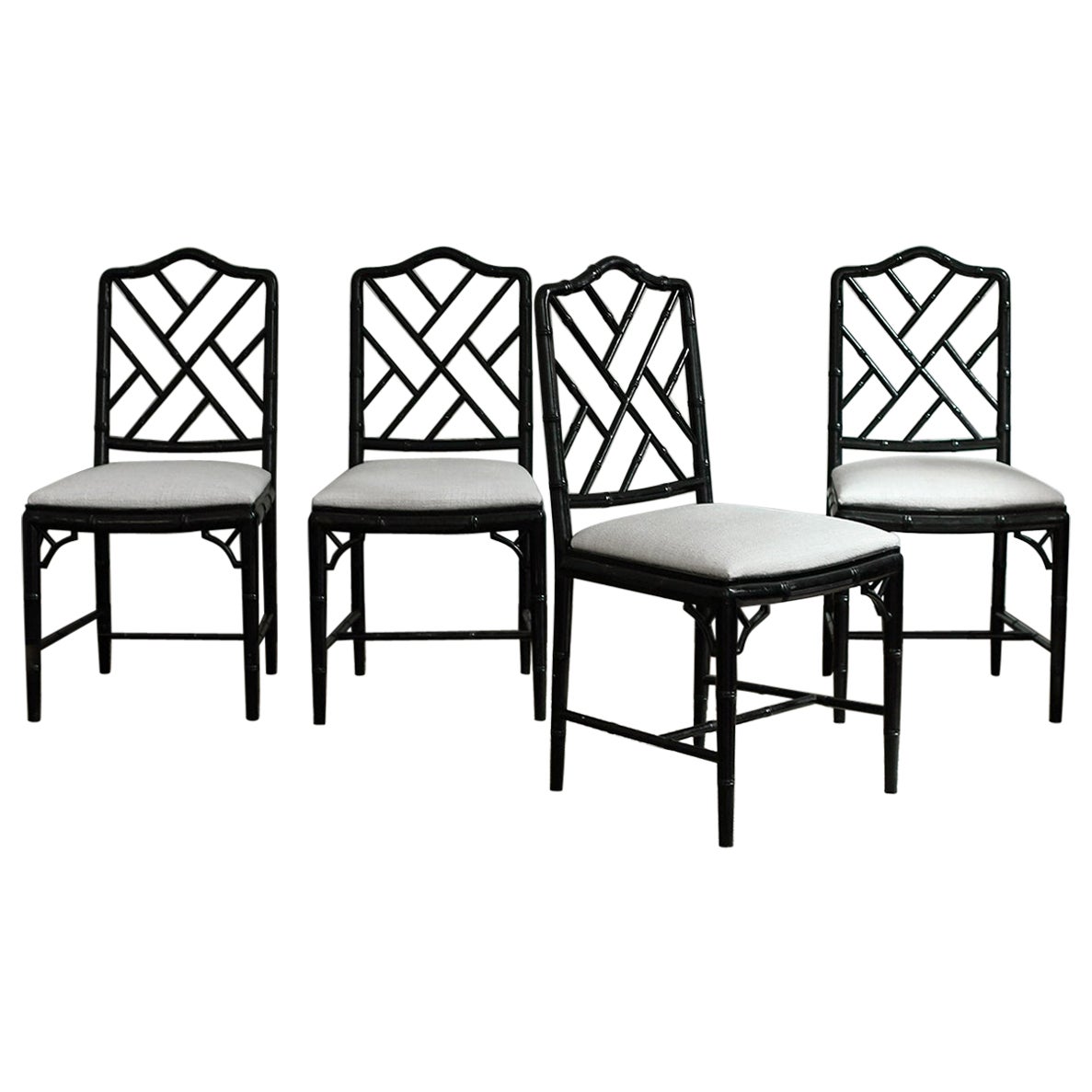 Set of 4 chippendale-style faux bamboo black lacquered chairs, 1970s