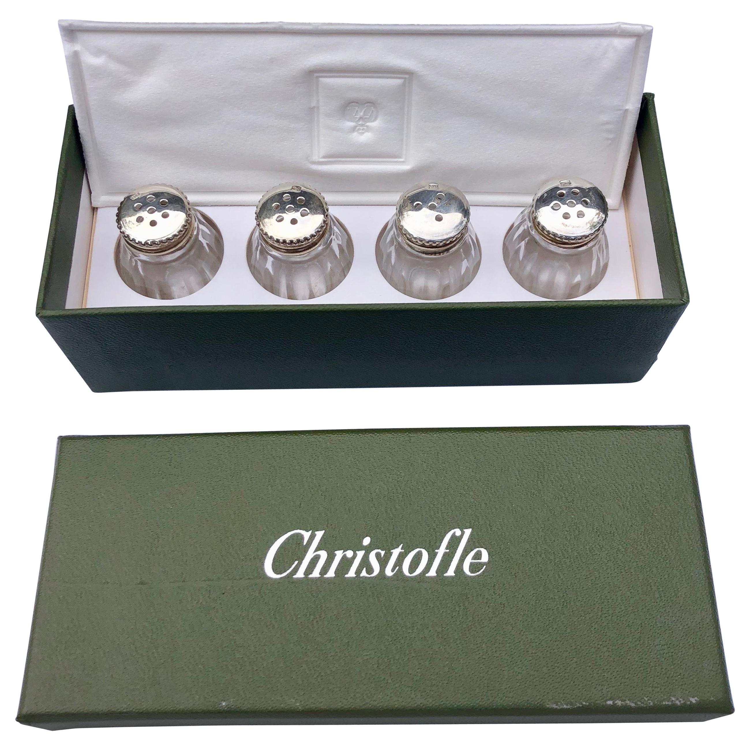 Set of 4 Christofle Individual Salt Shakers with Sterlings Lids in Original Box For Sale