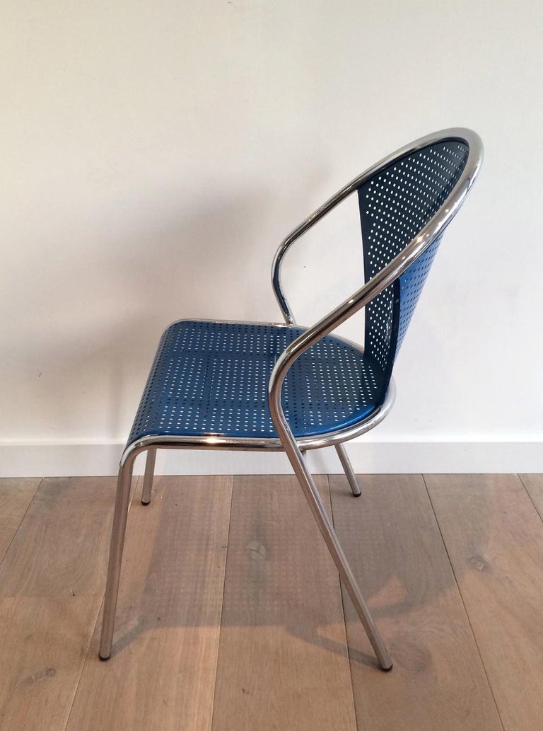 Set of 4 Chrome and Blue Lacquered Perfored Metal Chairs For Sale at
