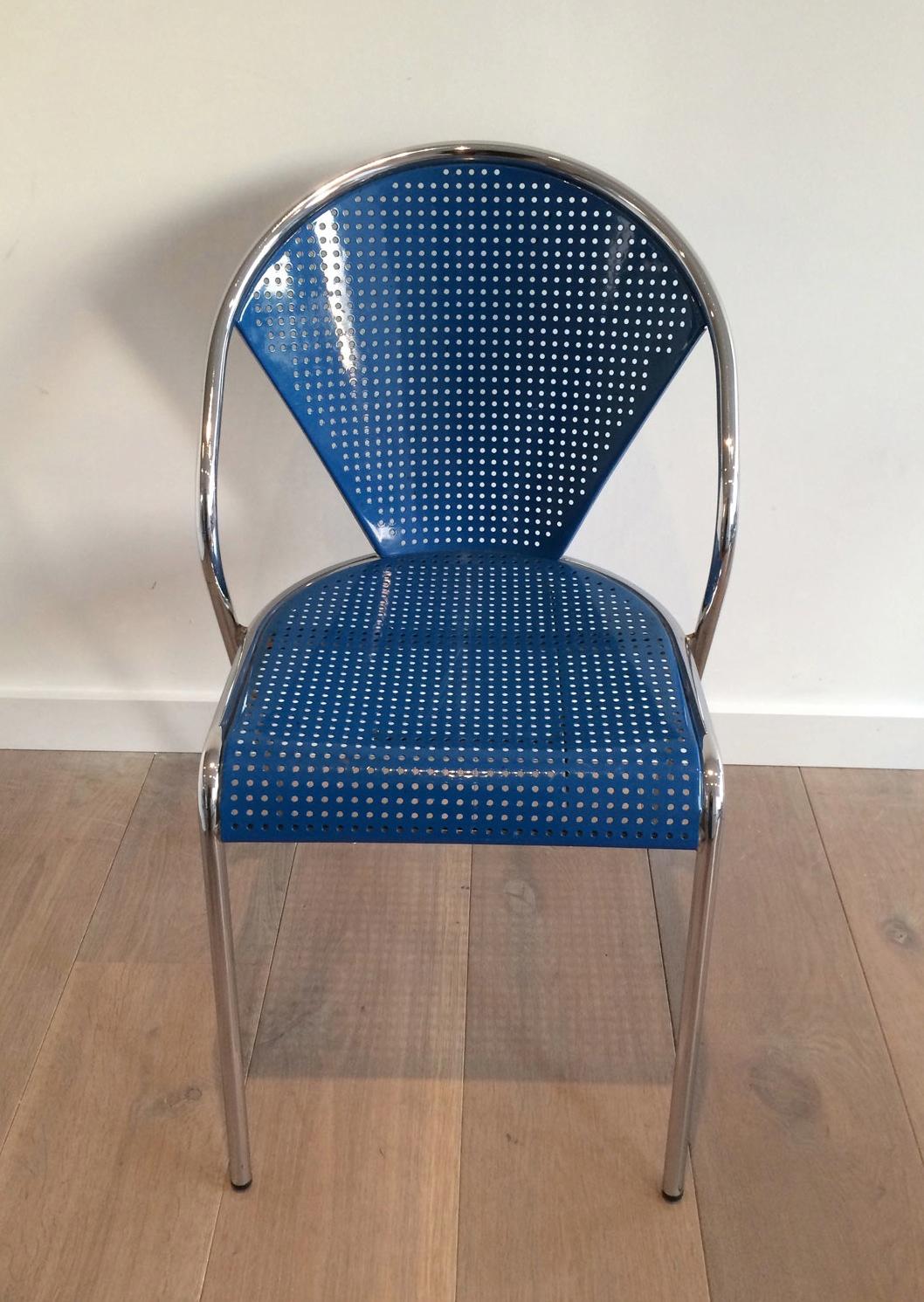Mid-Century Modern Set of 4 Chrome and Blue Lacquered Perfored Metal Chairs For Sale
