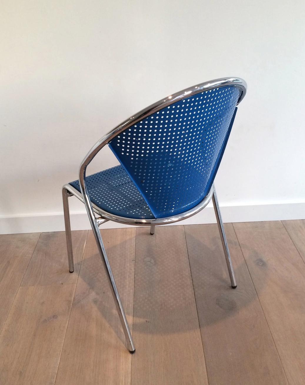 French Set of 4 Chrome and Blue Lacquered Perfored Metal Chairs For Sale