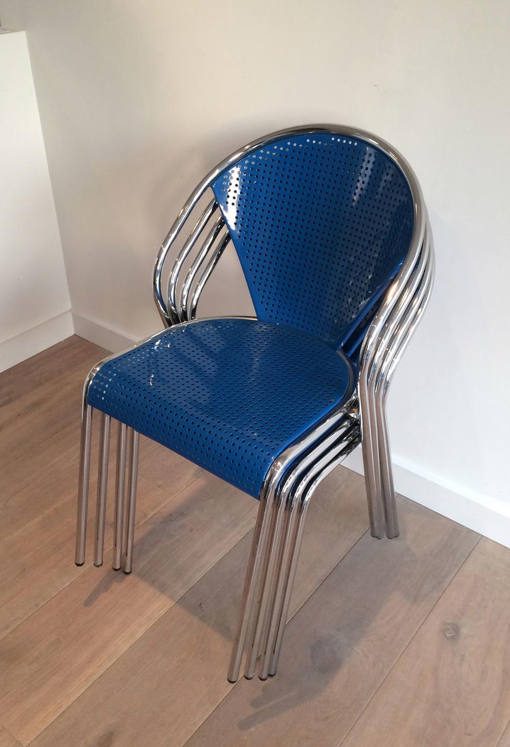 Late 20th Century Set of 4 Chrome and Blue Lacquered Perfored Metal Chairs For Sale