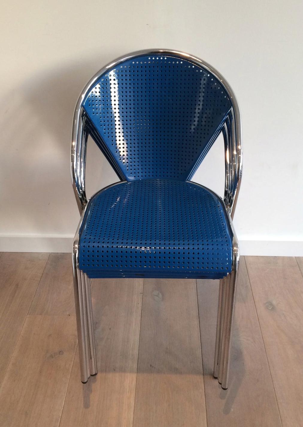 Set of 4 Chrome and Blue Lacquered Perfored Metal Chairs For Sale 1